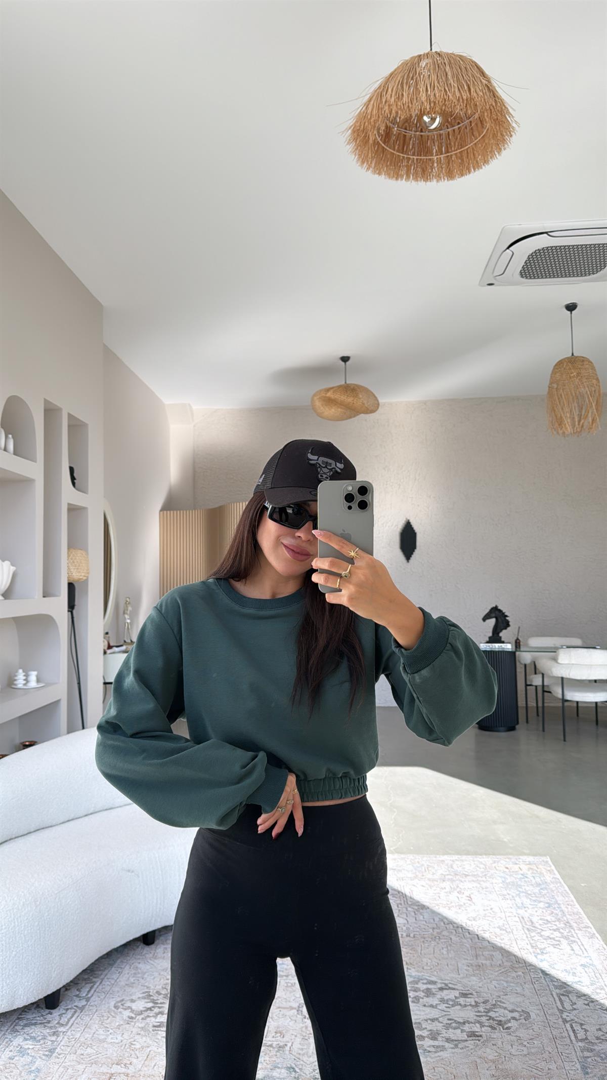 Yeşil İki İplik Crop Sweatshirt