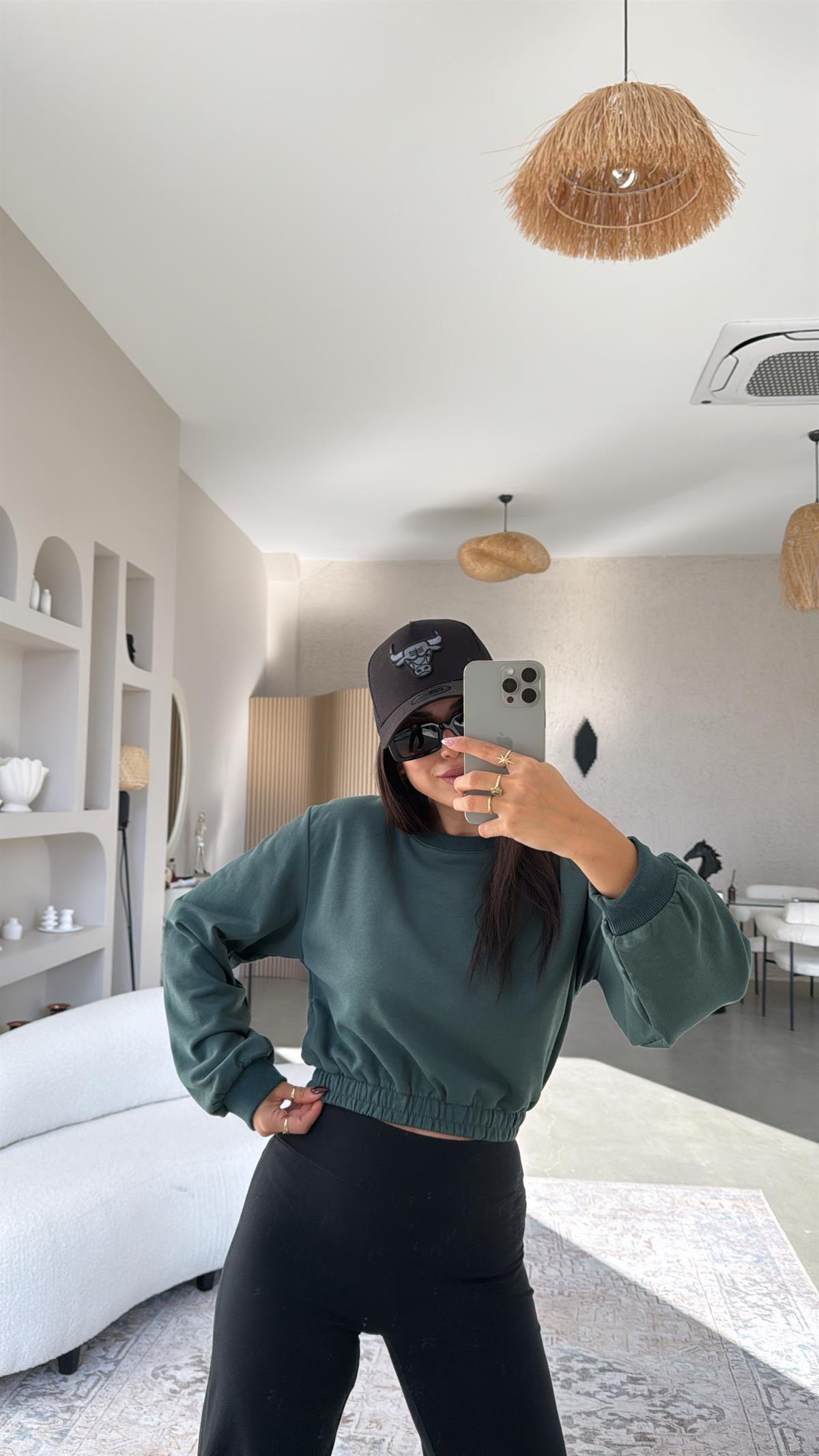 Yeşil İki İplik Crop Sweatshirt