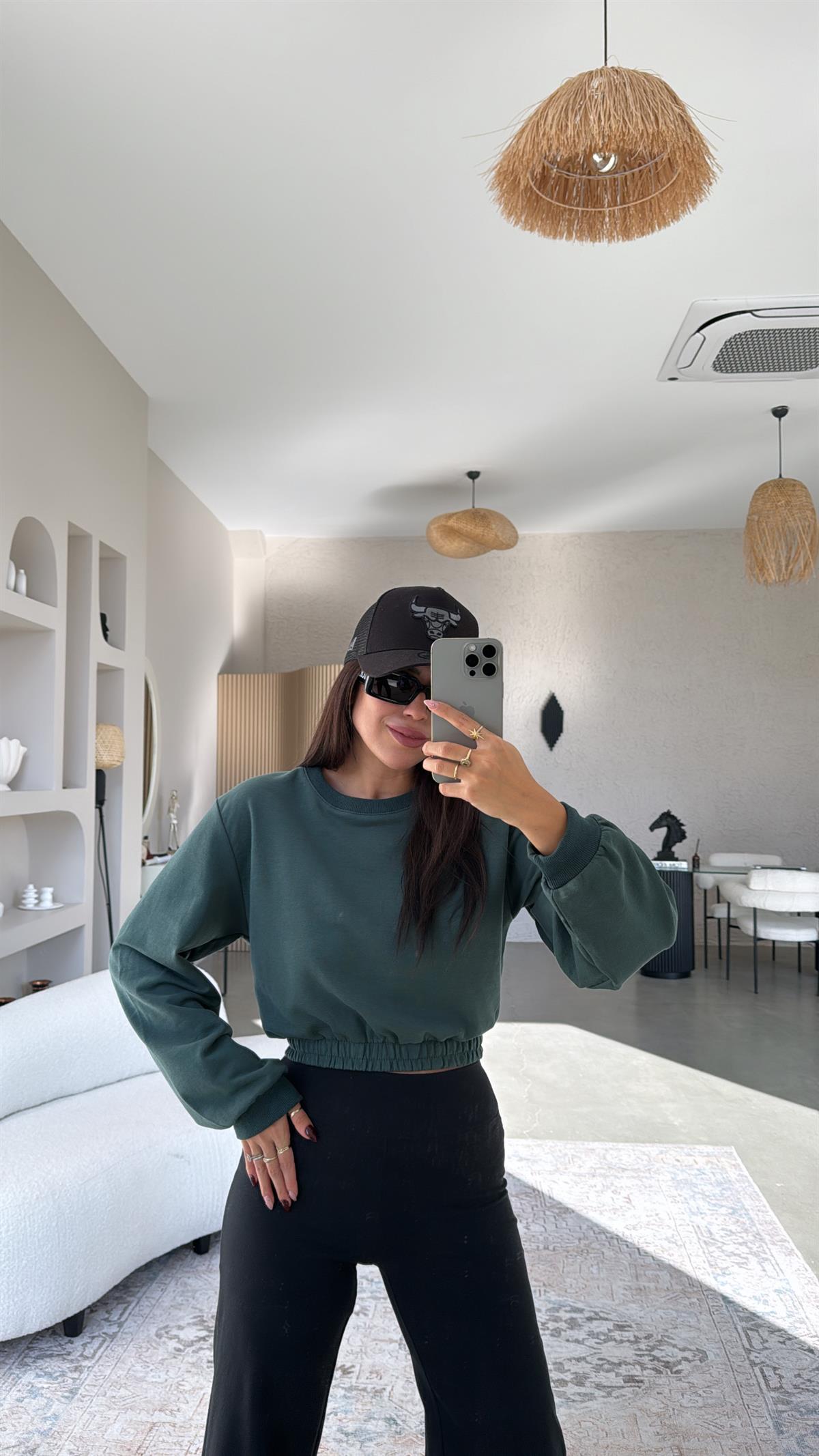 Yeşil İki İplik Crop Sweatshirt