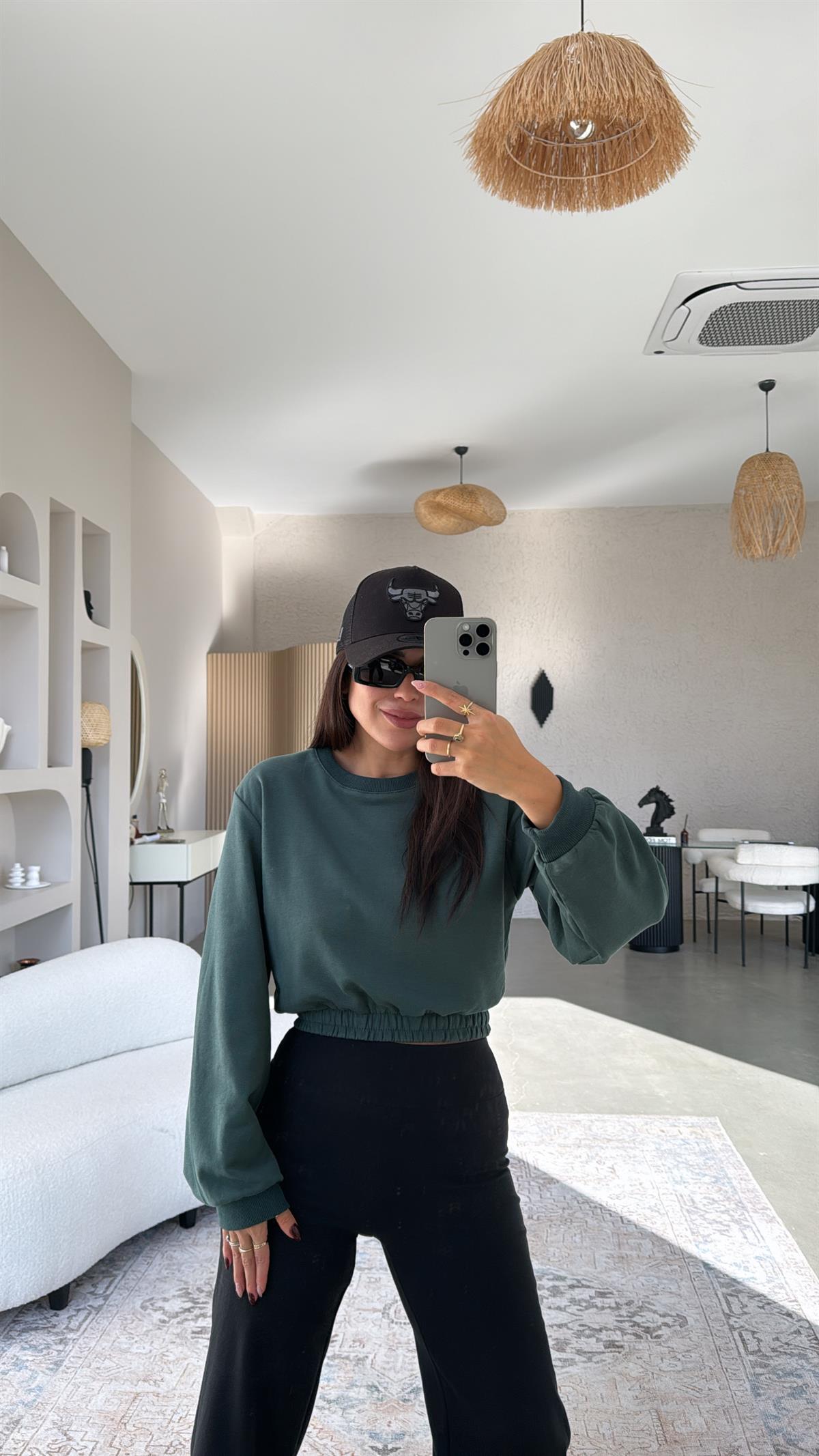 Yeşil İki İplik Crop Sweatshirt