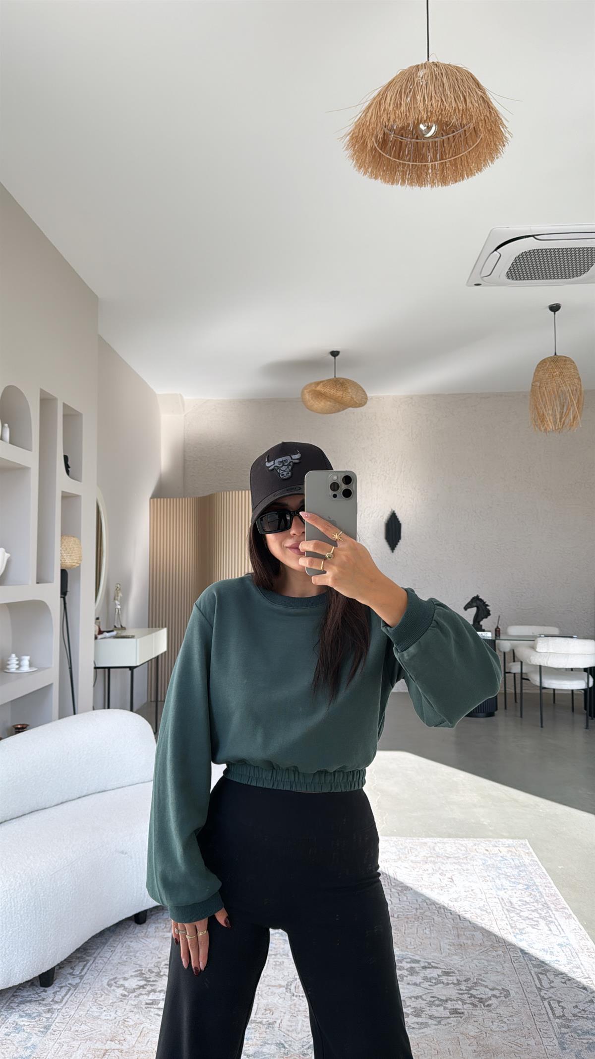 Yeşil İki İplik Crop Sweatshirt