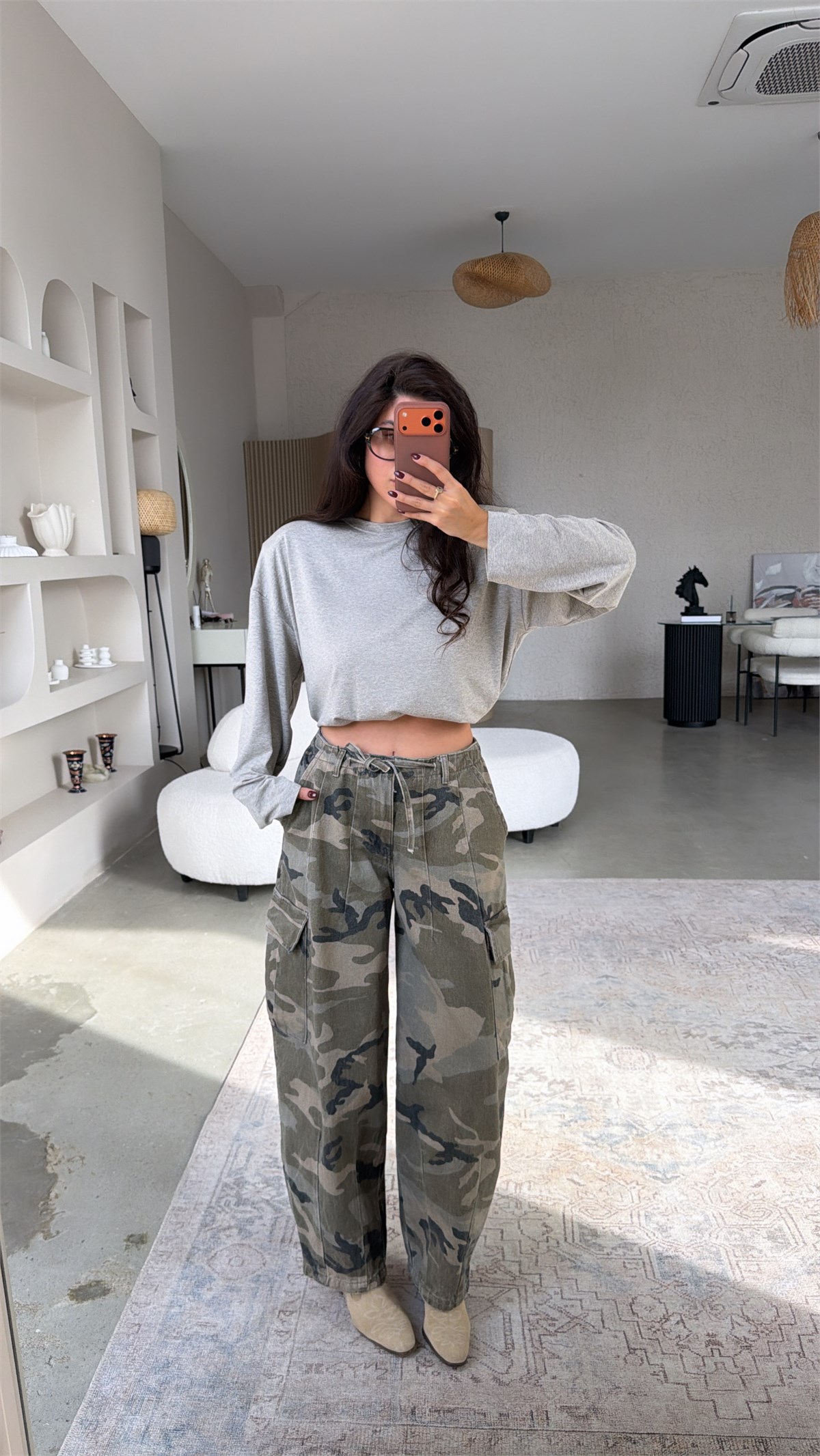 Yeşil Kamuflaj Desenli Denim Kargo Pantolon