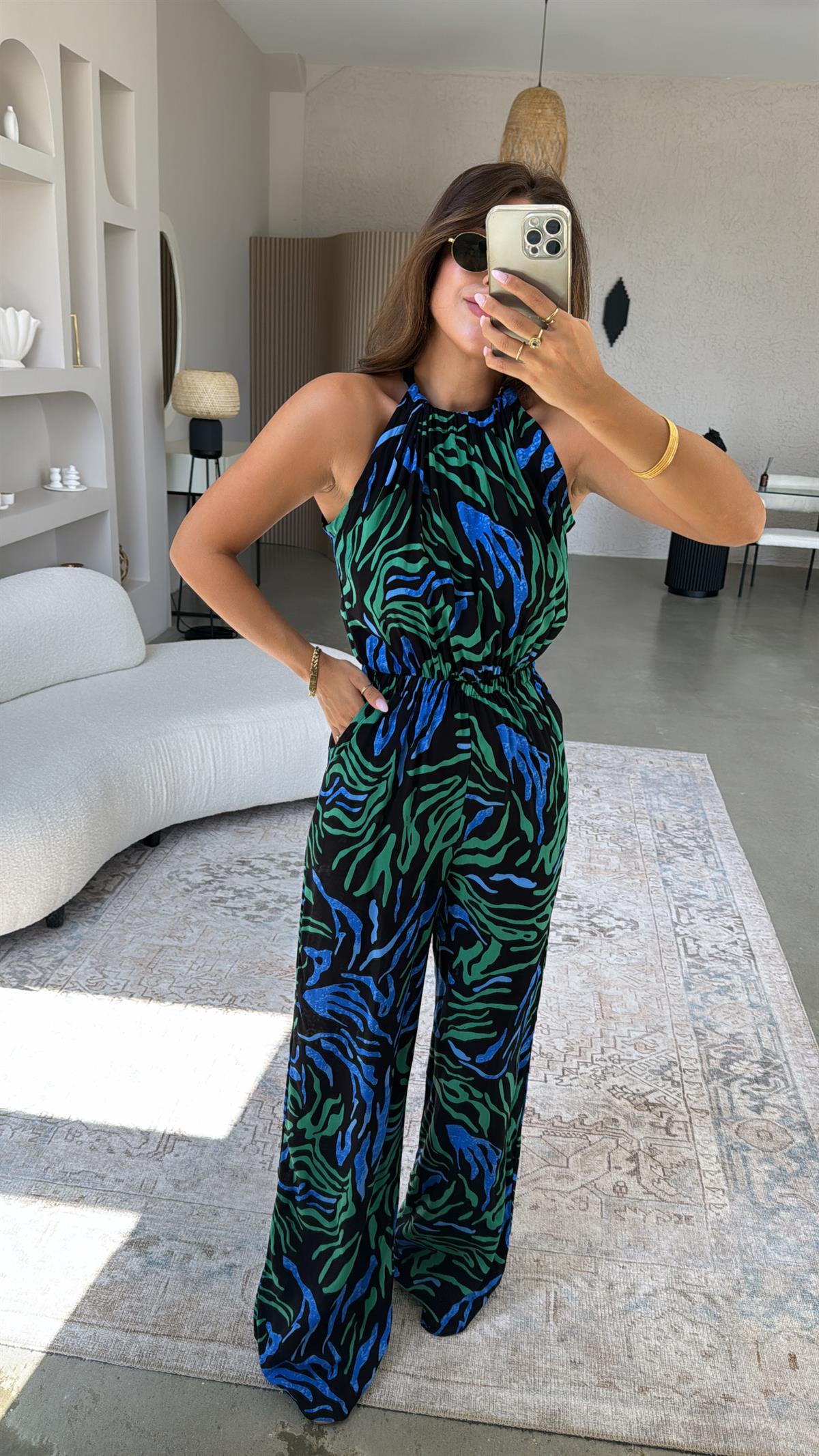 Yeşil Mavi Desenli Halter Yaka Tulum