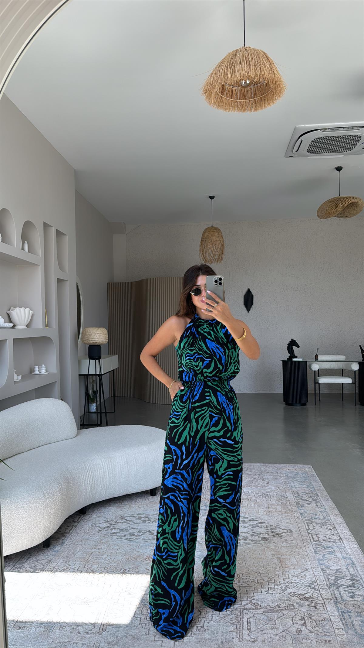 Yeşil Mavi Desenli Halter Yaka Tulum