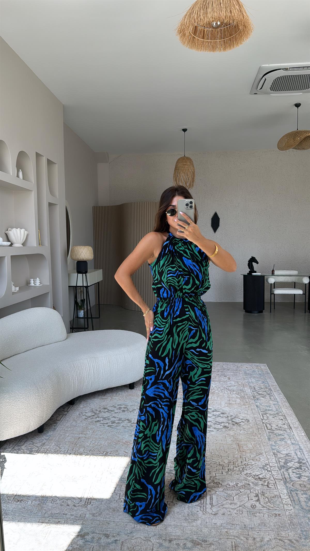 Yeşil Mavi Desenli Halter Yaka Tulum