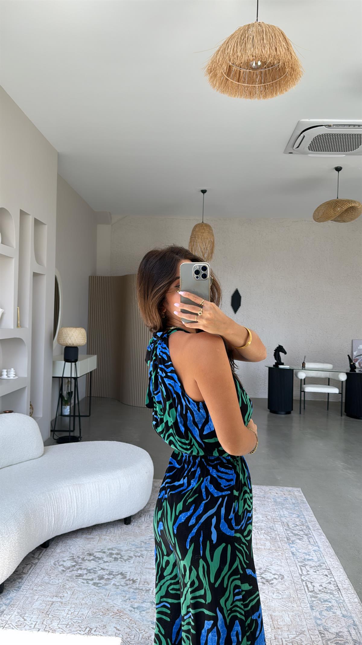 Yeşil Mavi Desenli Halter Yaka Tulum