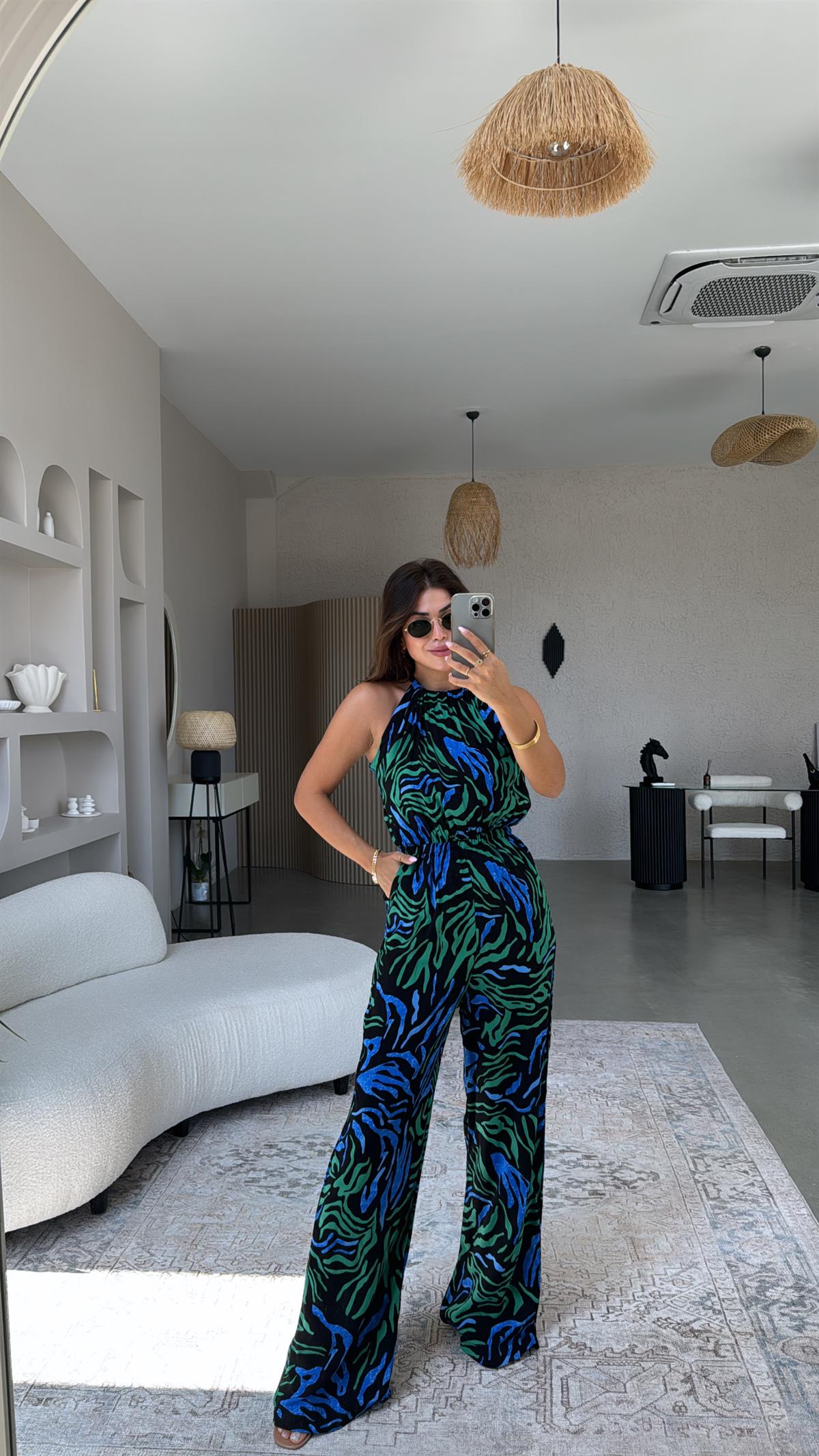 Yeşil Mavi Desenli Halter Yaka Tulum