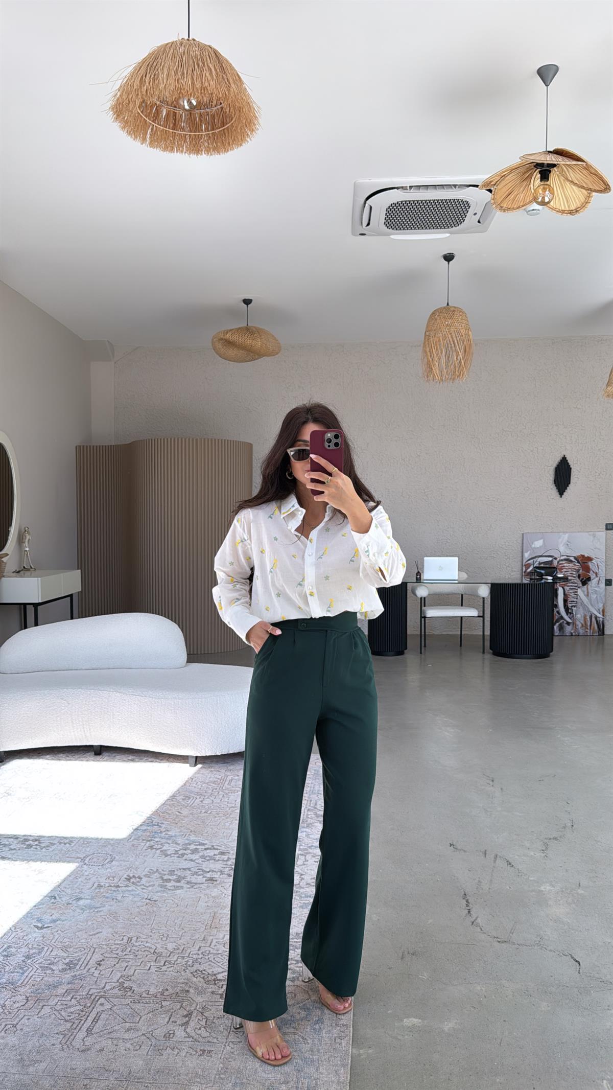 Yeşil Yan Düğmeli Palazzo Pantolon