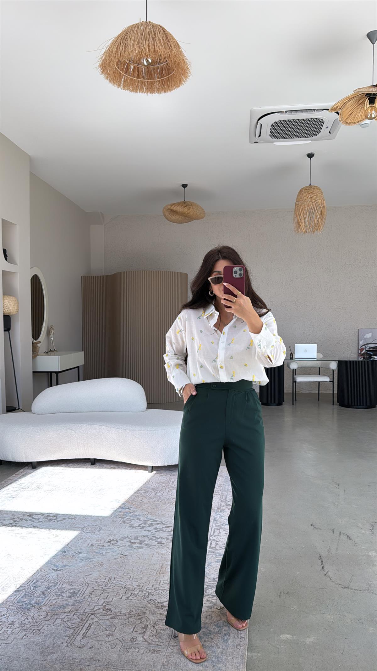 Yeşil Yan Düğmeli Palazzo Pantolon