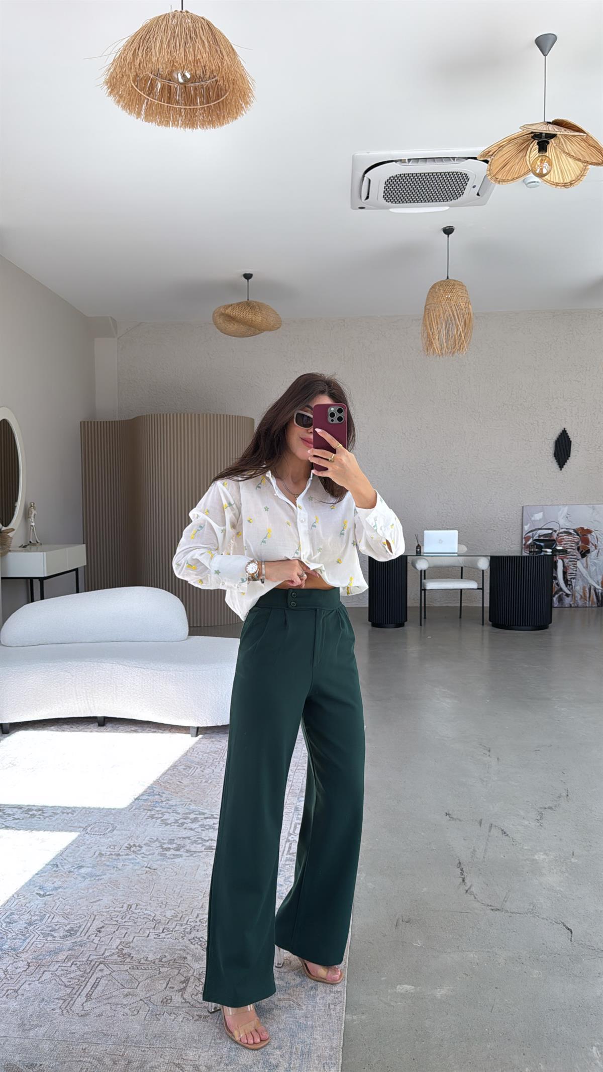 Yeşil Yan Düğmeli Palazzo Pantolon