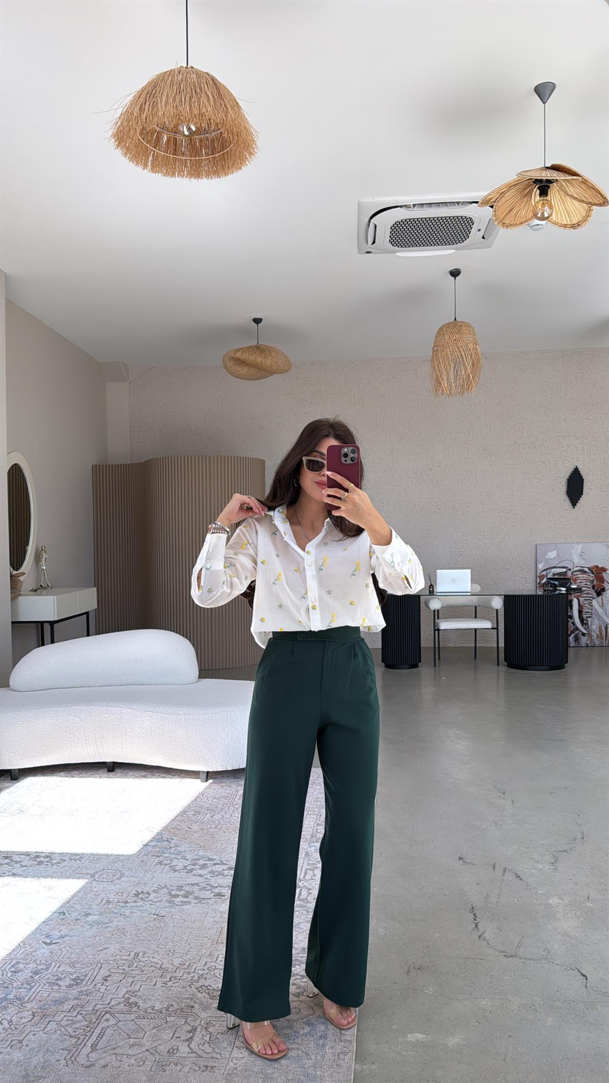 Yeşil Yan Düğmeli Palazzo Pantolon