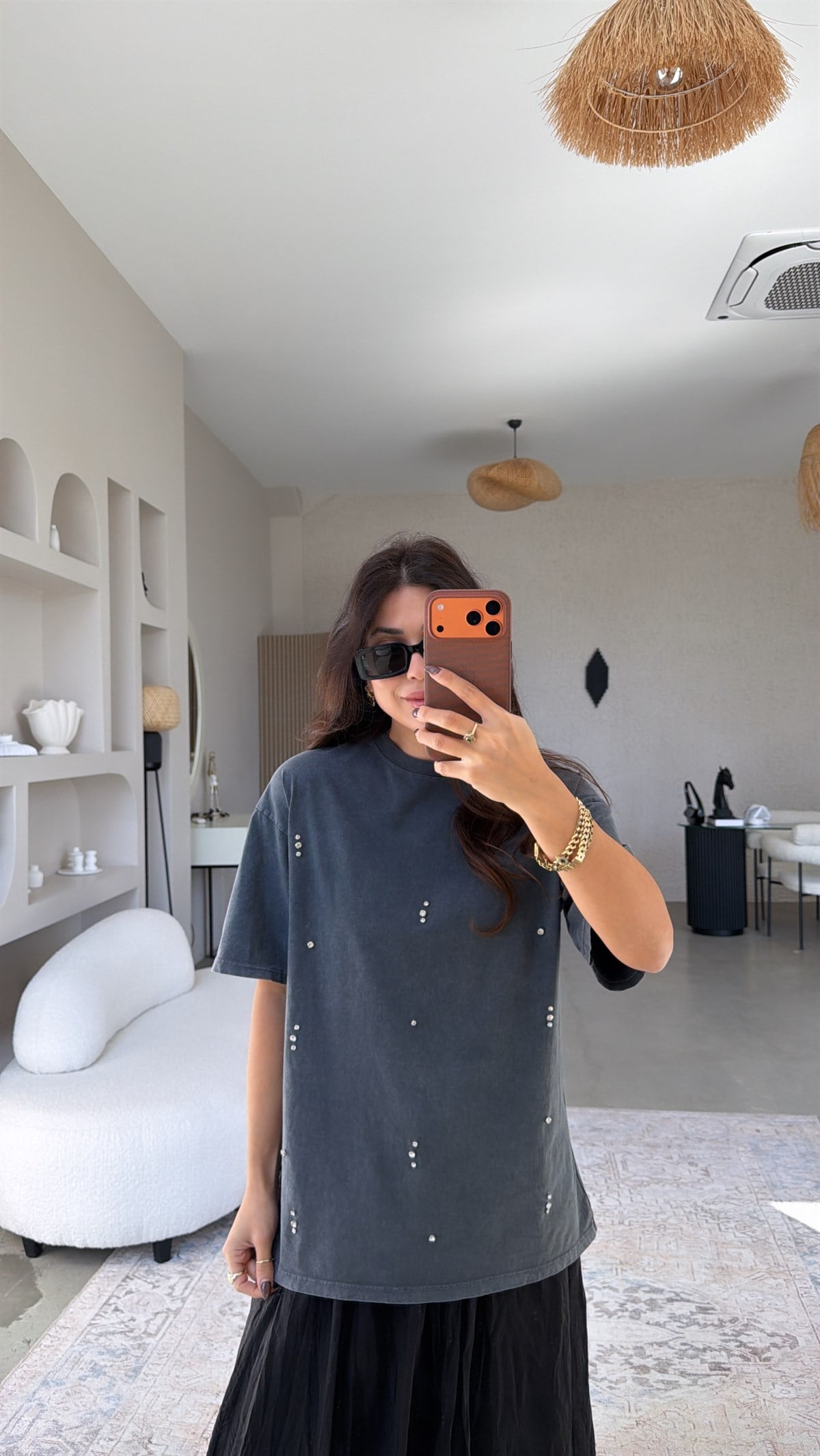 Yıkamalı Taşlı Pamuk Tshirt