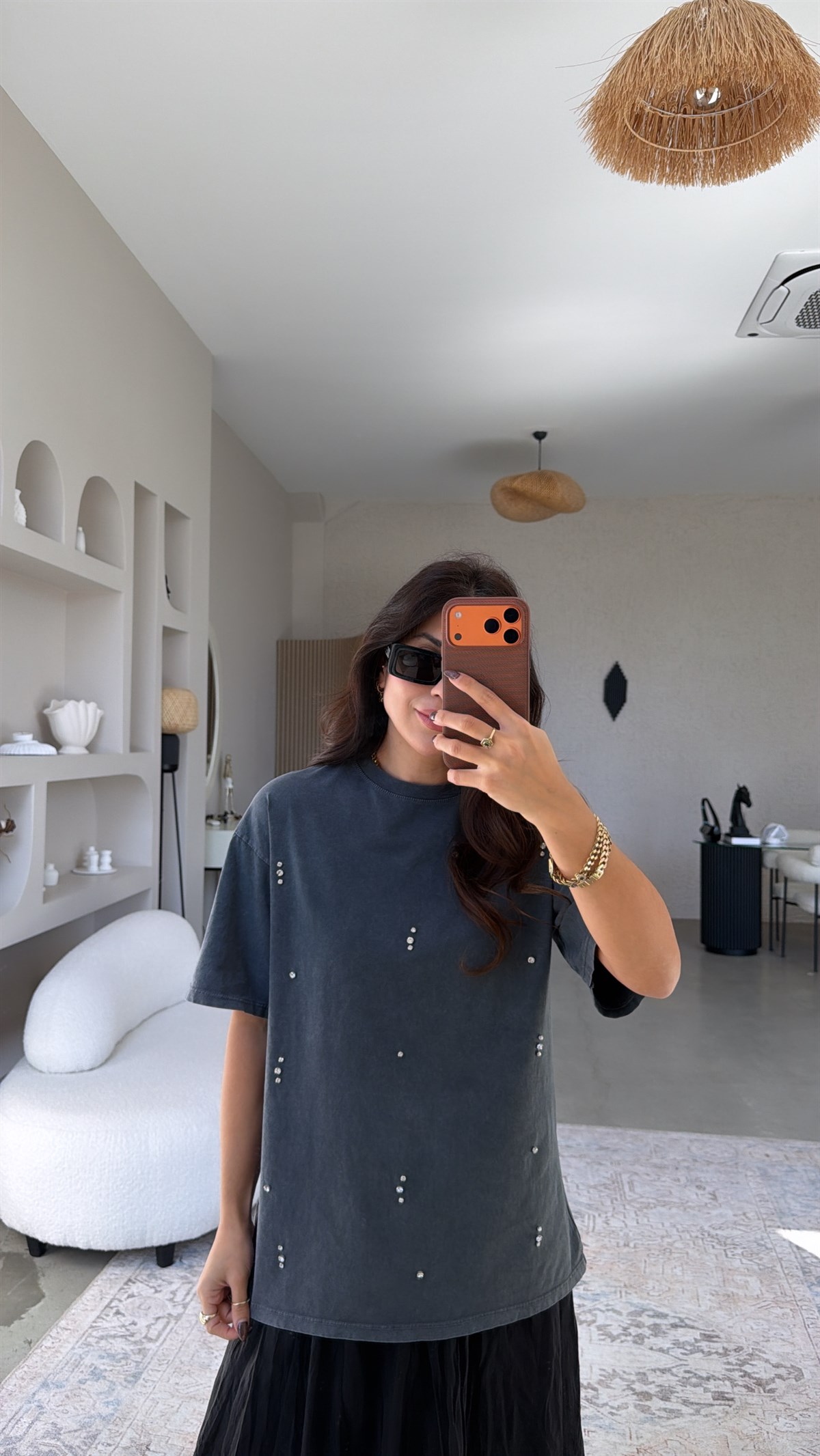 Yıkamalı Taşlı Pamuk Tshirt