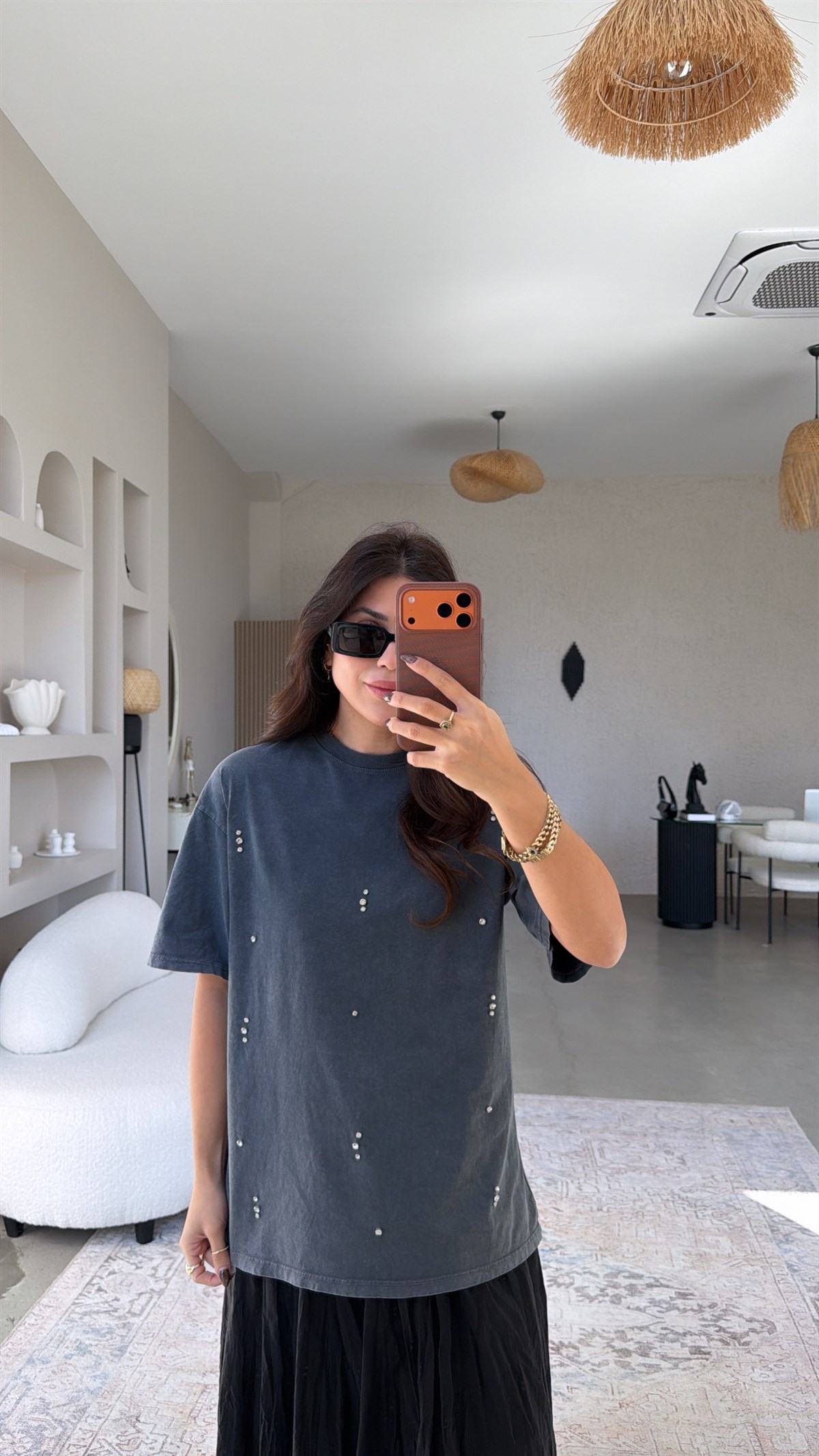 Yıkamalı Taşlı Pamuk Tshirt