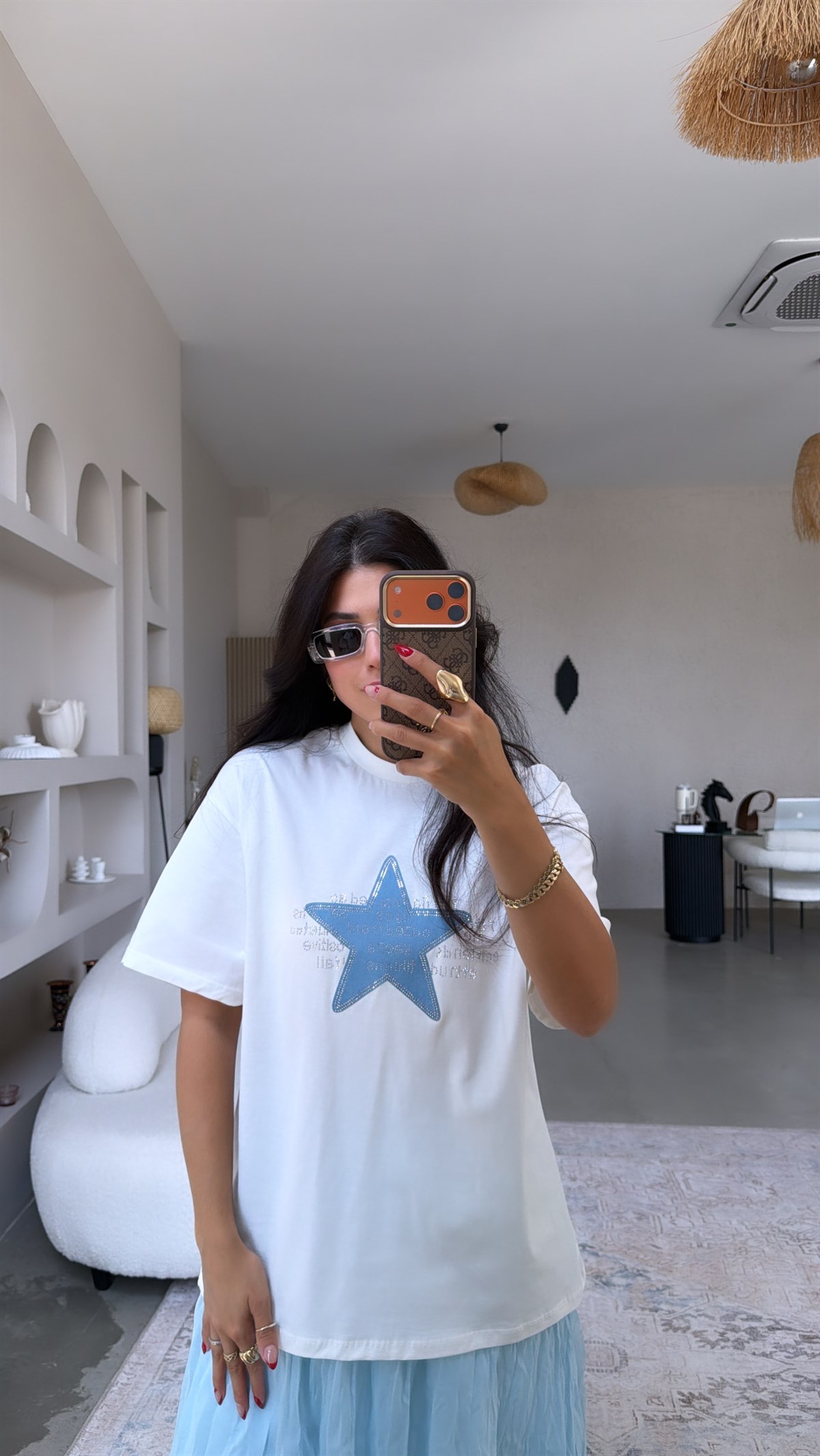 Yıldız Baskılı Taşlı Pamuk Tshirt