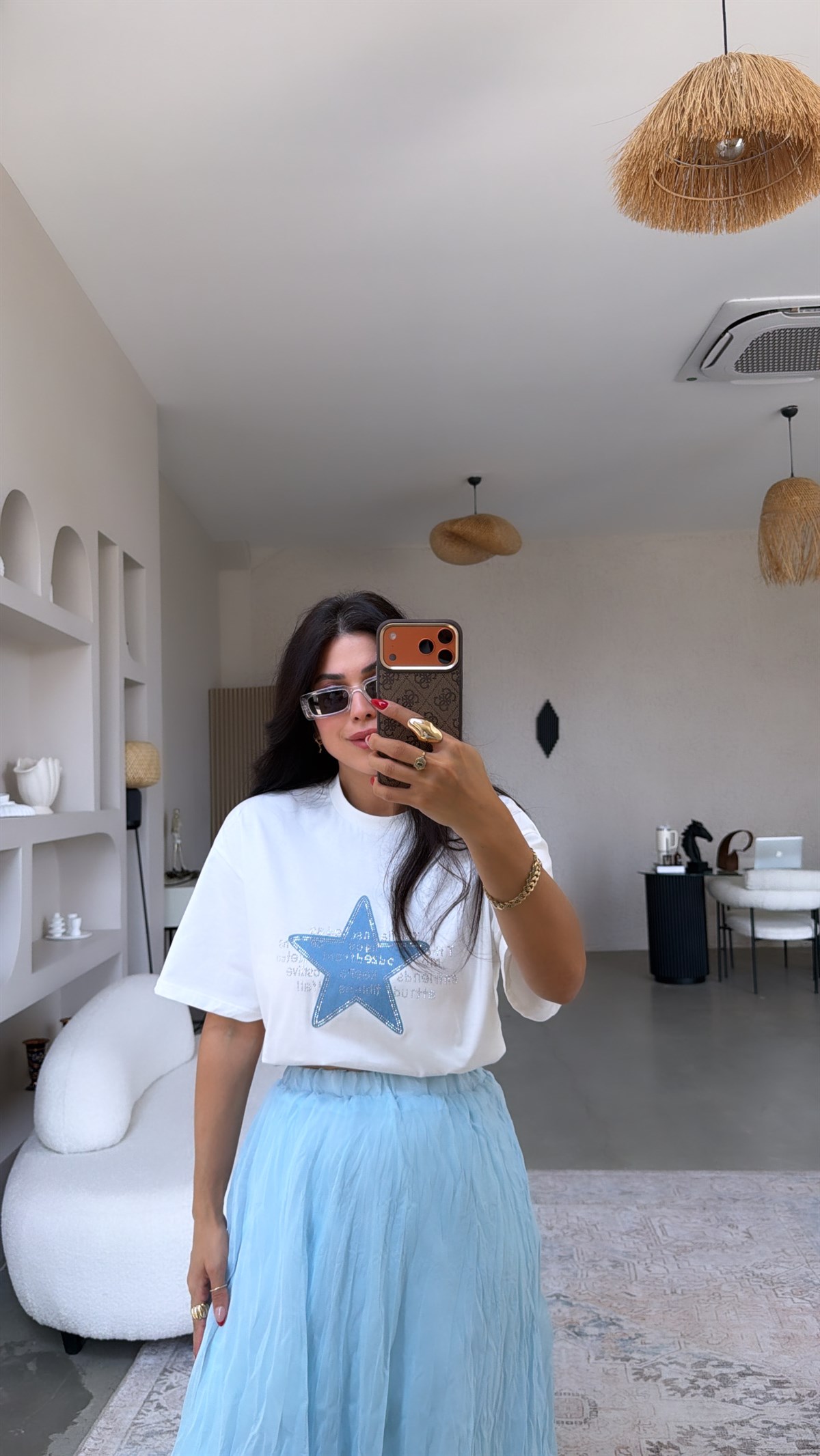 Yıldız Baskılı Taşlı Pamuk Tshirt