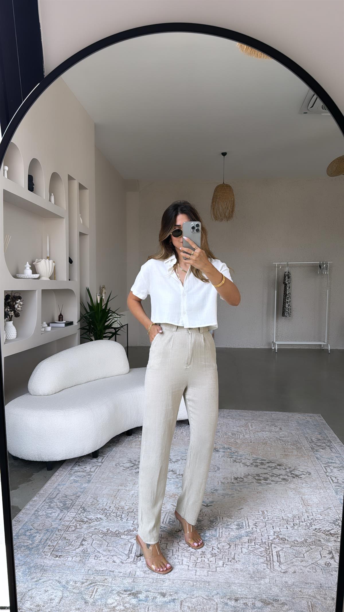 Yüksek Bel Keten Pantolon