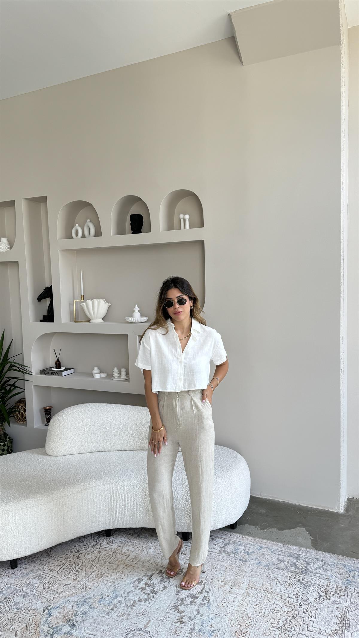 Yüksek Bel Keten Pantolon