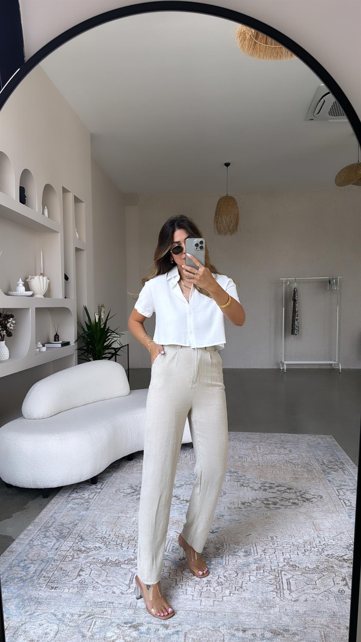 Yüksek Bel Keten Pantolon