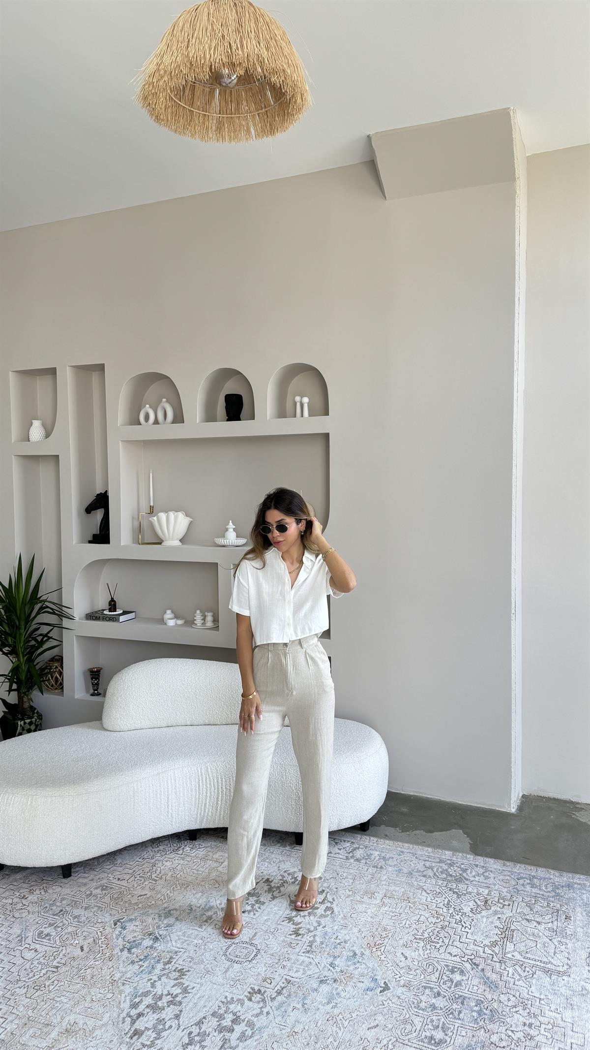 Yüksek Bel Keten Pantolon