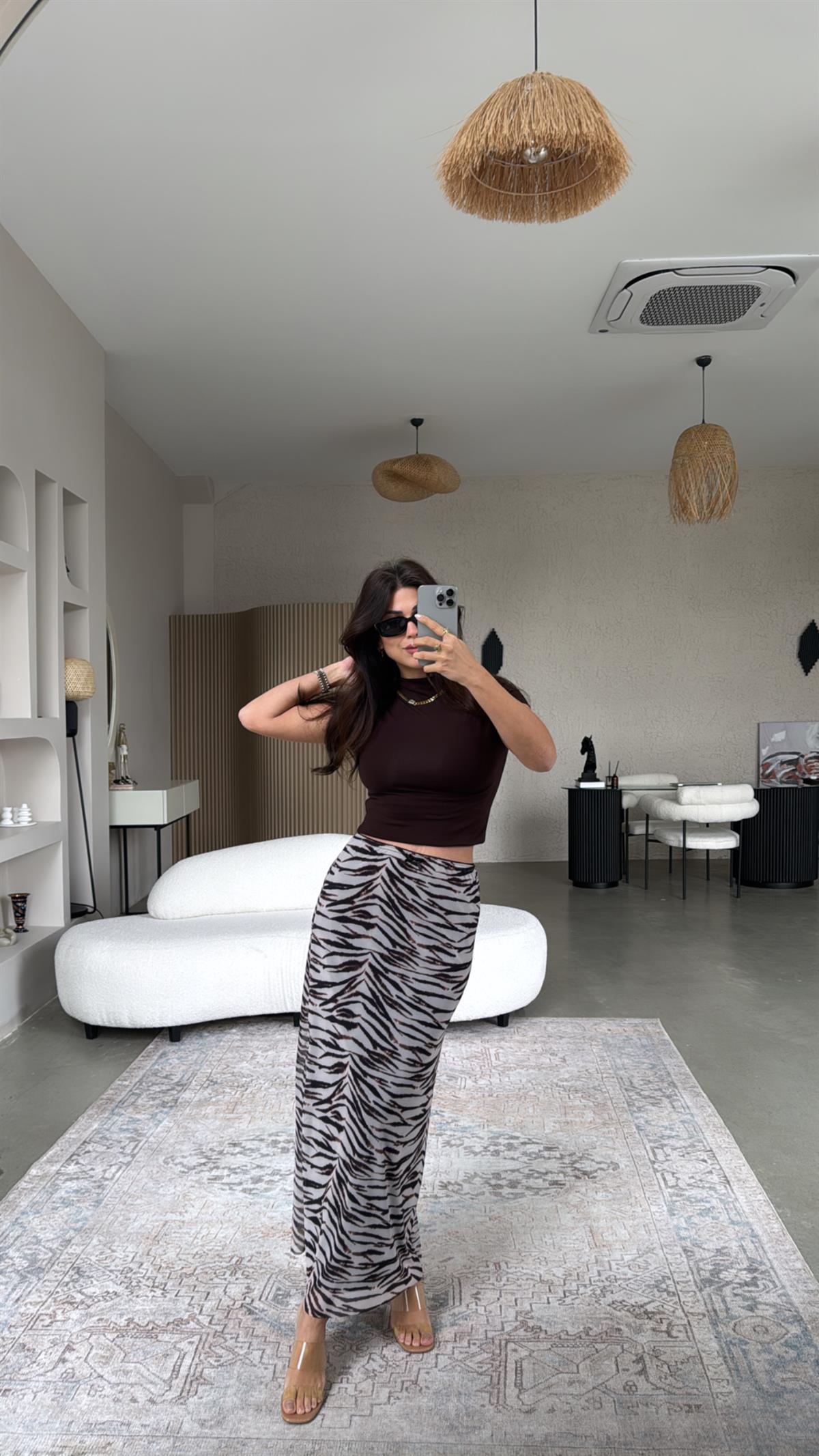Zebra Desenli Likra Tül Astarlı Etek