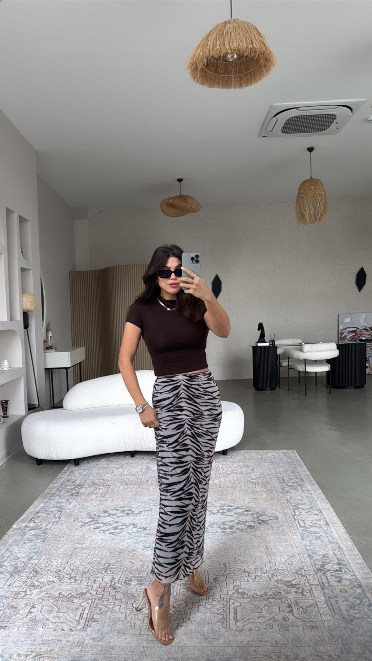 Zebra Desenli Likra Tül Astarlı Etek