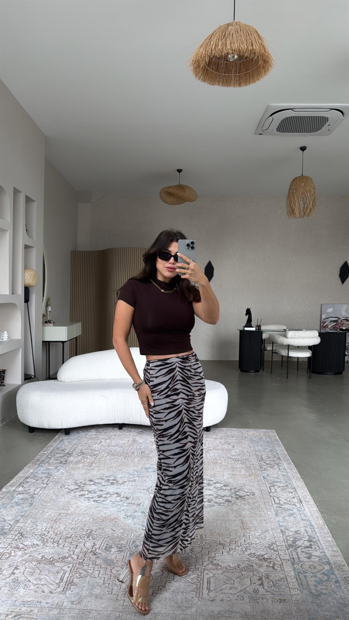 Zebra Desenli Likra Tül Astarlı Etek