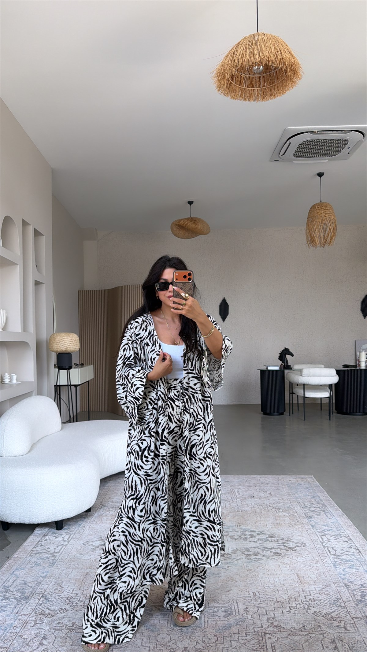 Zebra Desenli Viskon Kimono Pantolon