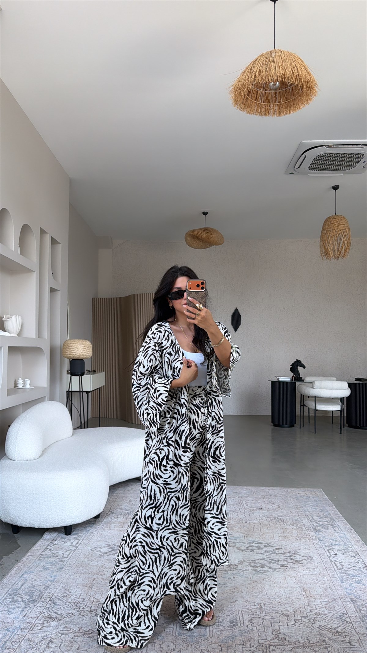 Zebra Desenli Viskon Kimono Pantolon