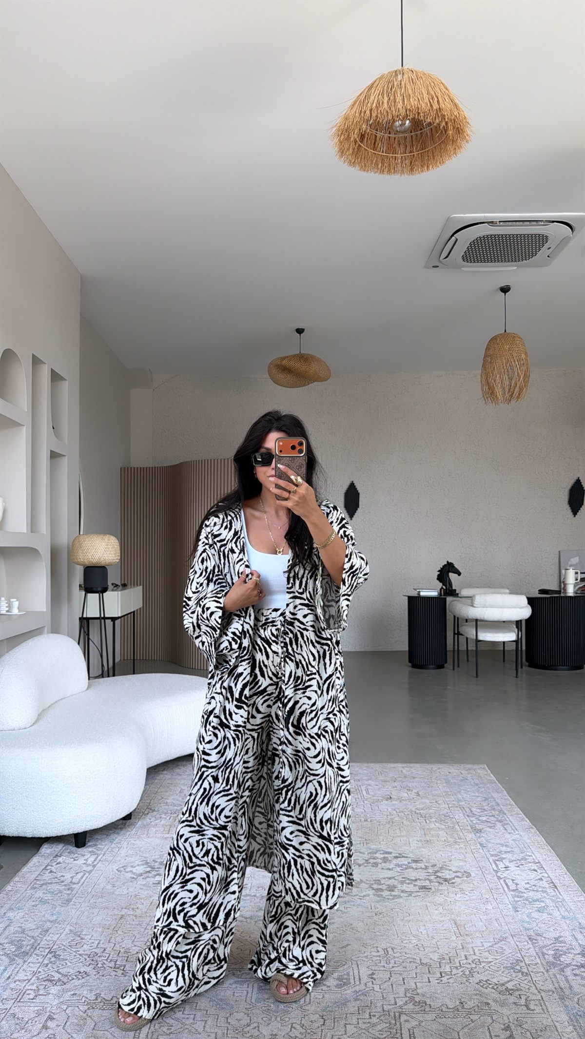 Zebra Desenli Viskon Kimono Pantolon