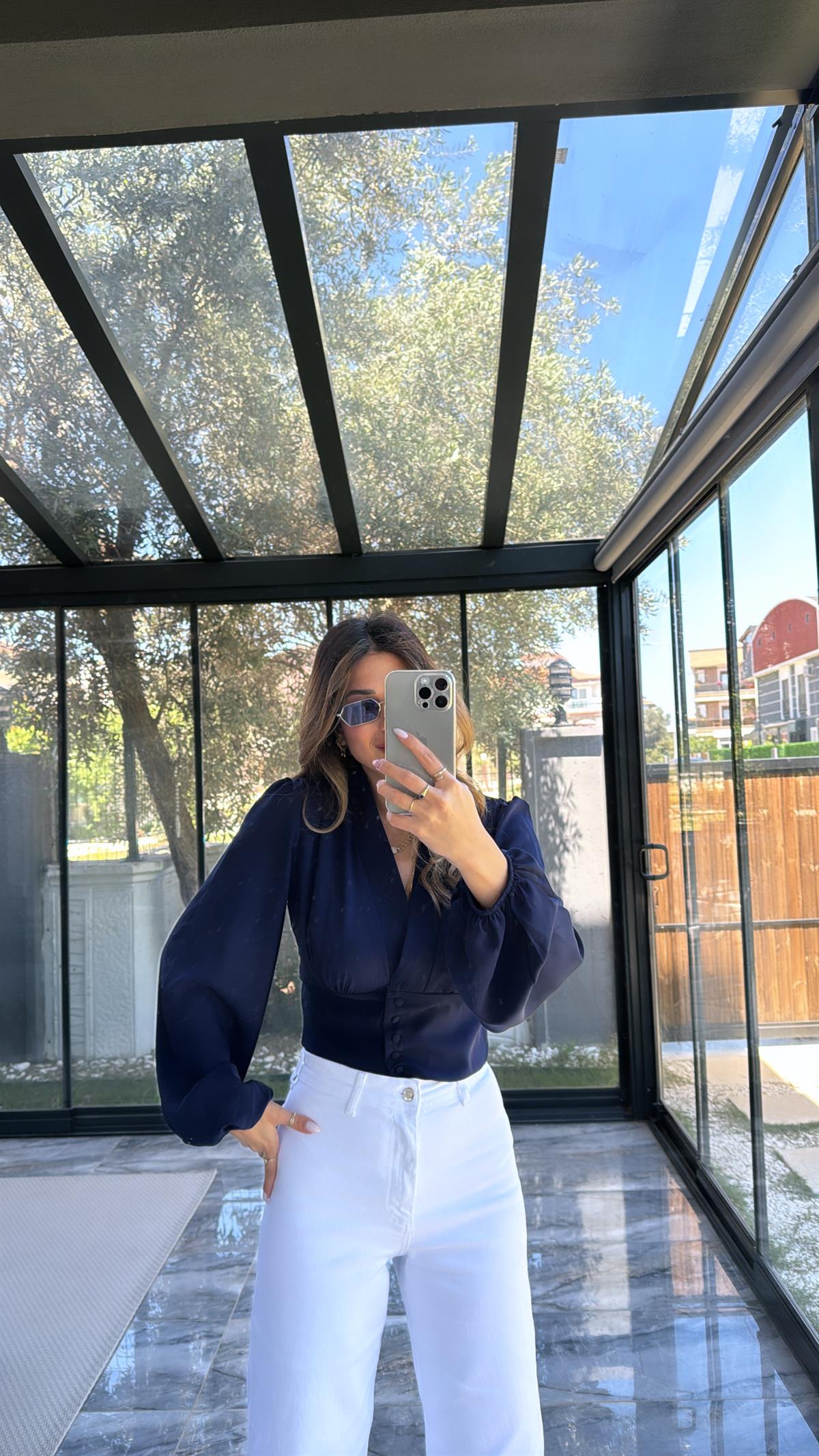 ZR Lacivert Balon Kollu Bluz