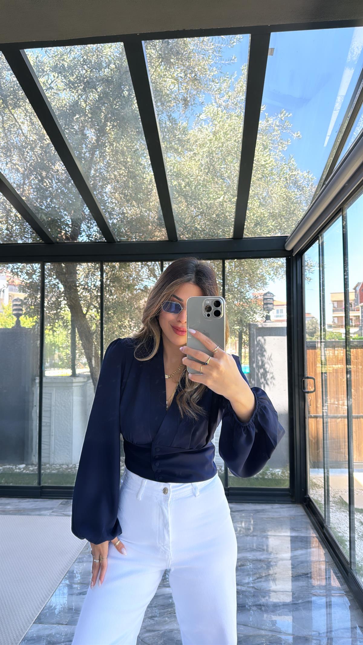 ZR Lacivert Balon Kollu Bluz