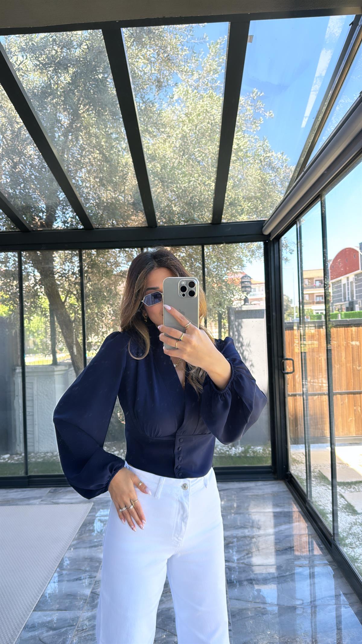 ZR Lacivert Balon Kollu Bluz