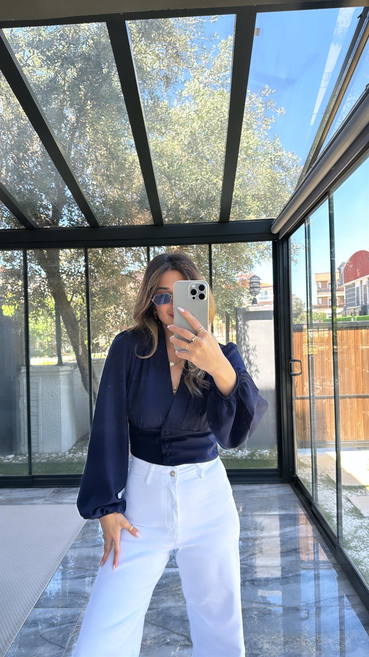 ZR Lacivert Balon Kollu Bluz