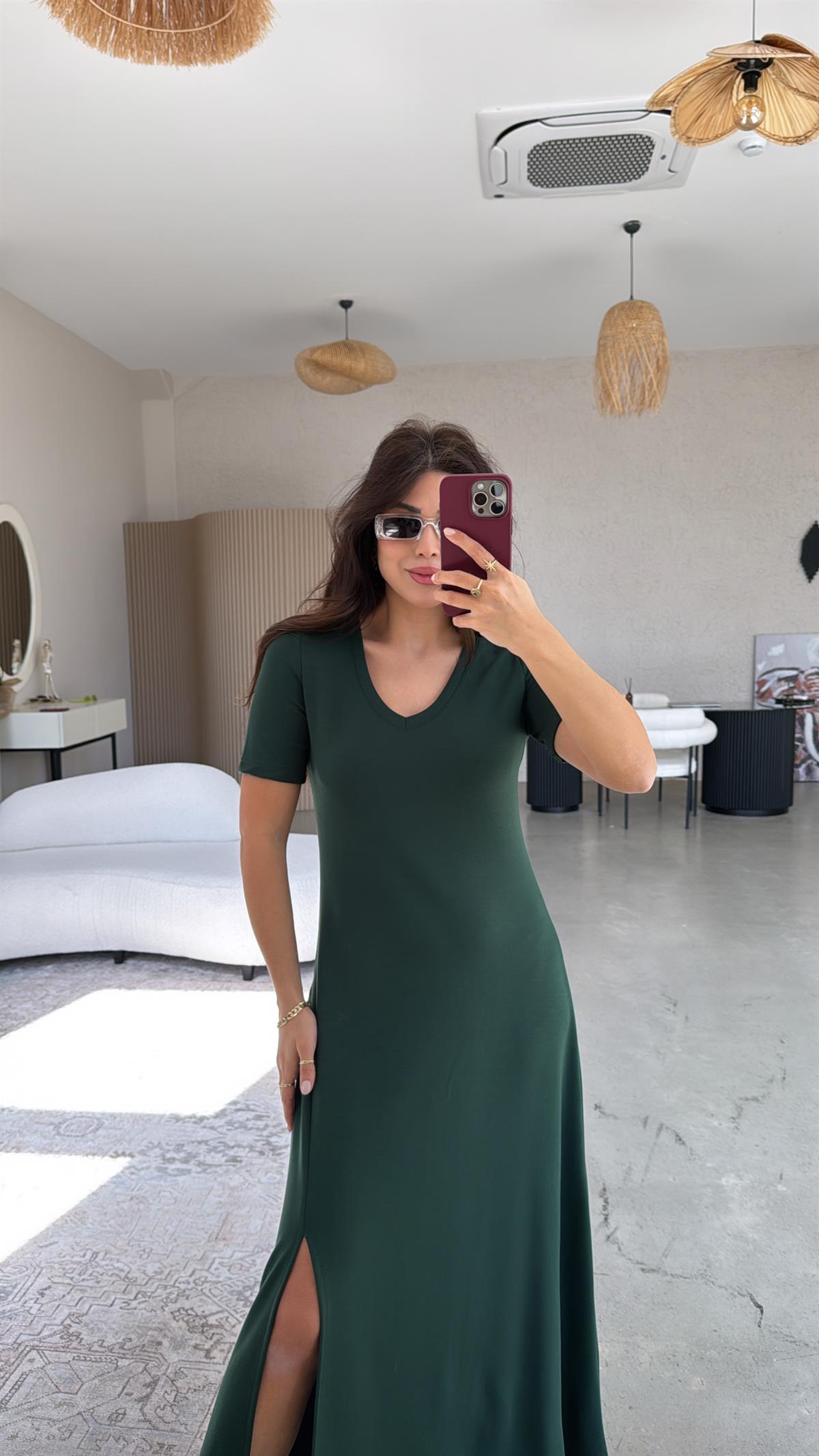Zümrüt Kısa Kollu Yırtmaçlı Özel Üretim Elbise