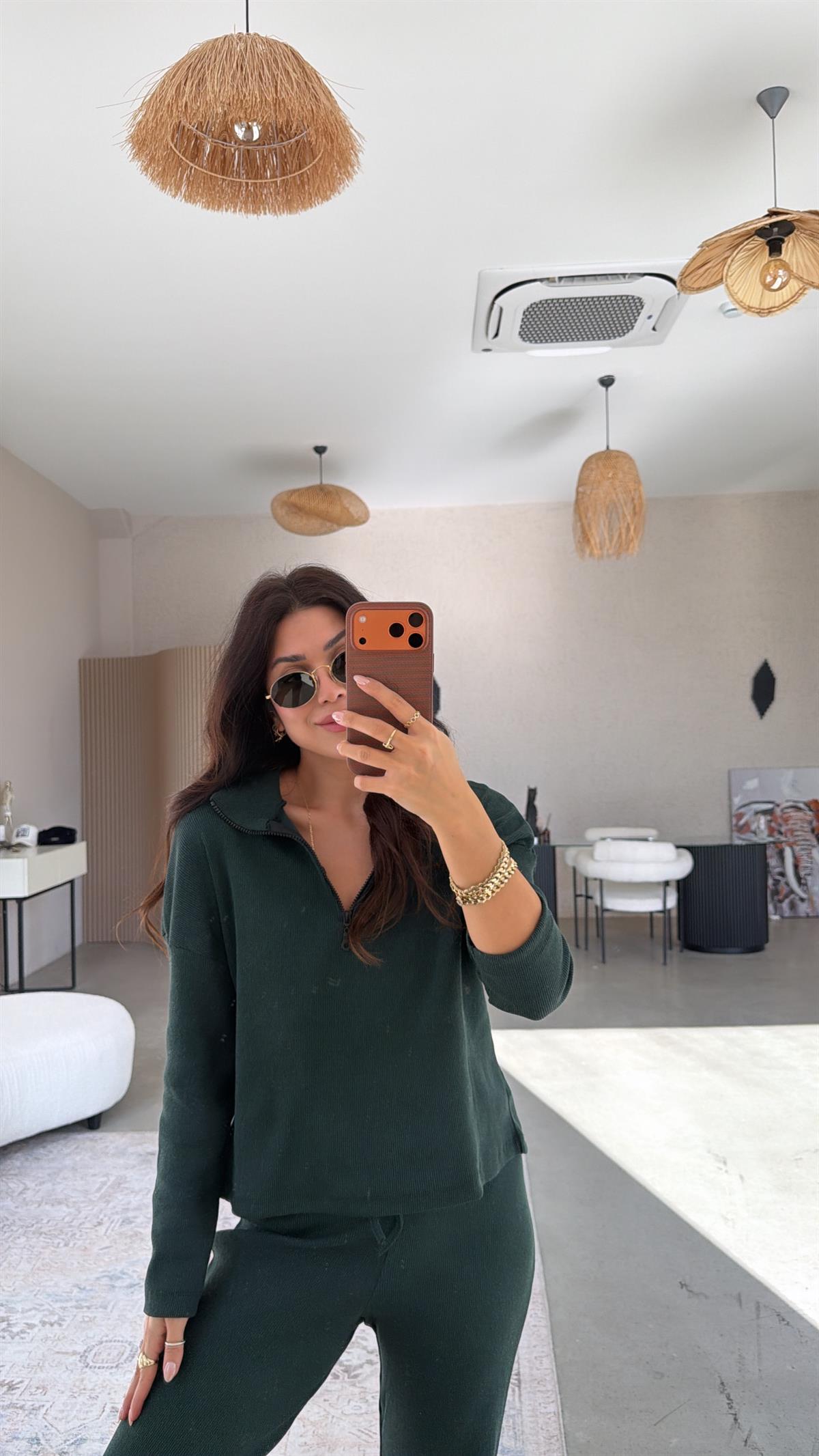 Zümrüt Yarım Fermuarlı Fitilli Basic Takım