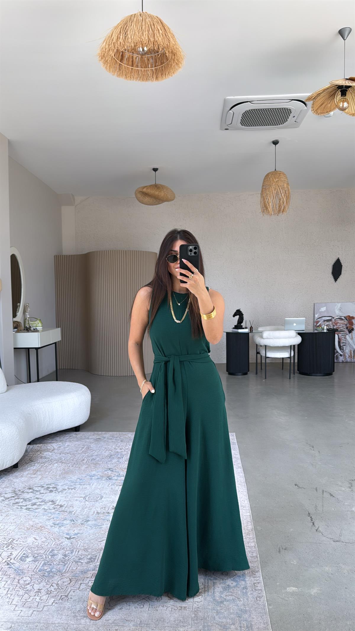 Zümrüt Yeşili Bol Paça Tulum