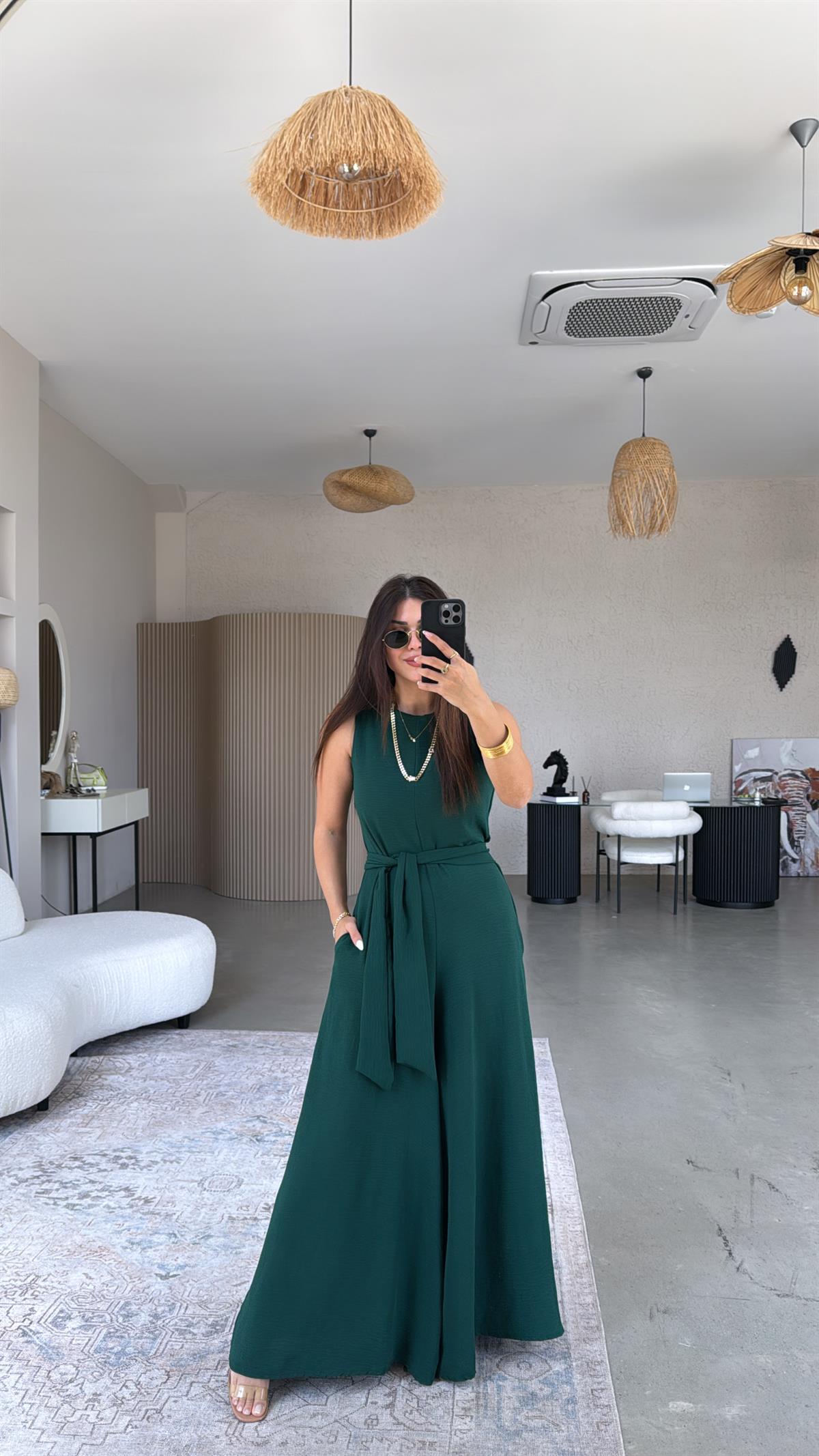 Zümrüt Yeşili Bol Paça Tulum