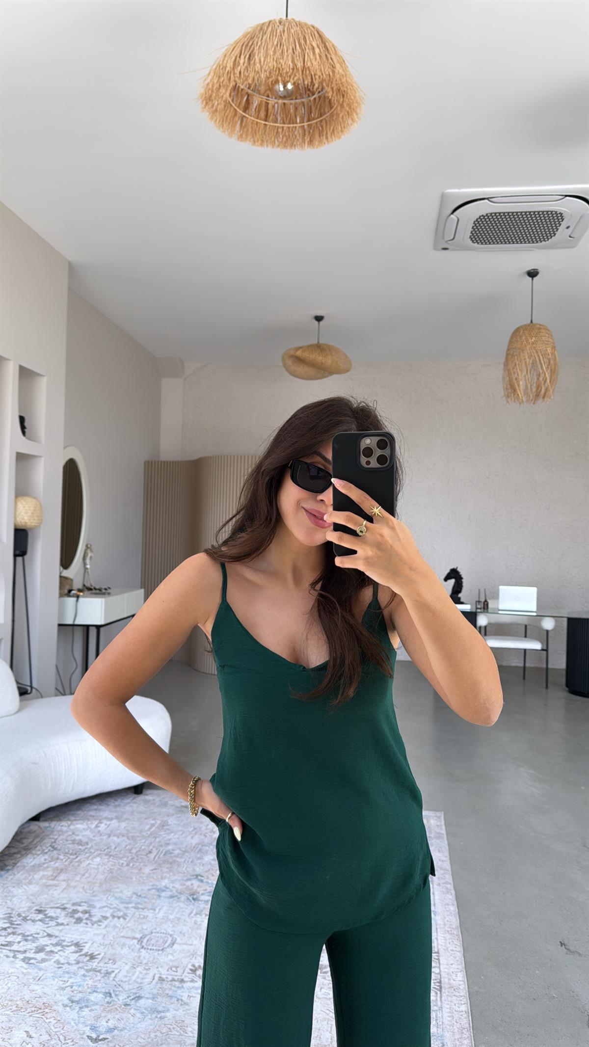 Zümrüt Yeşili İp Askılı Basic Tiril Takım