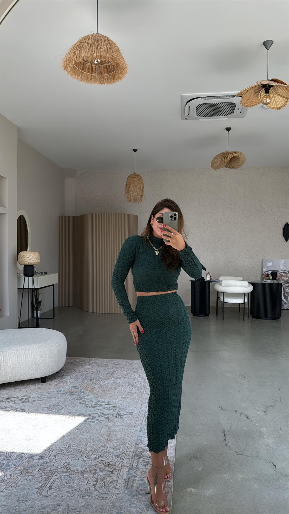 Zümrüt Yeşili Orijinal Etek Crop Takım