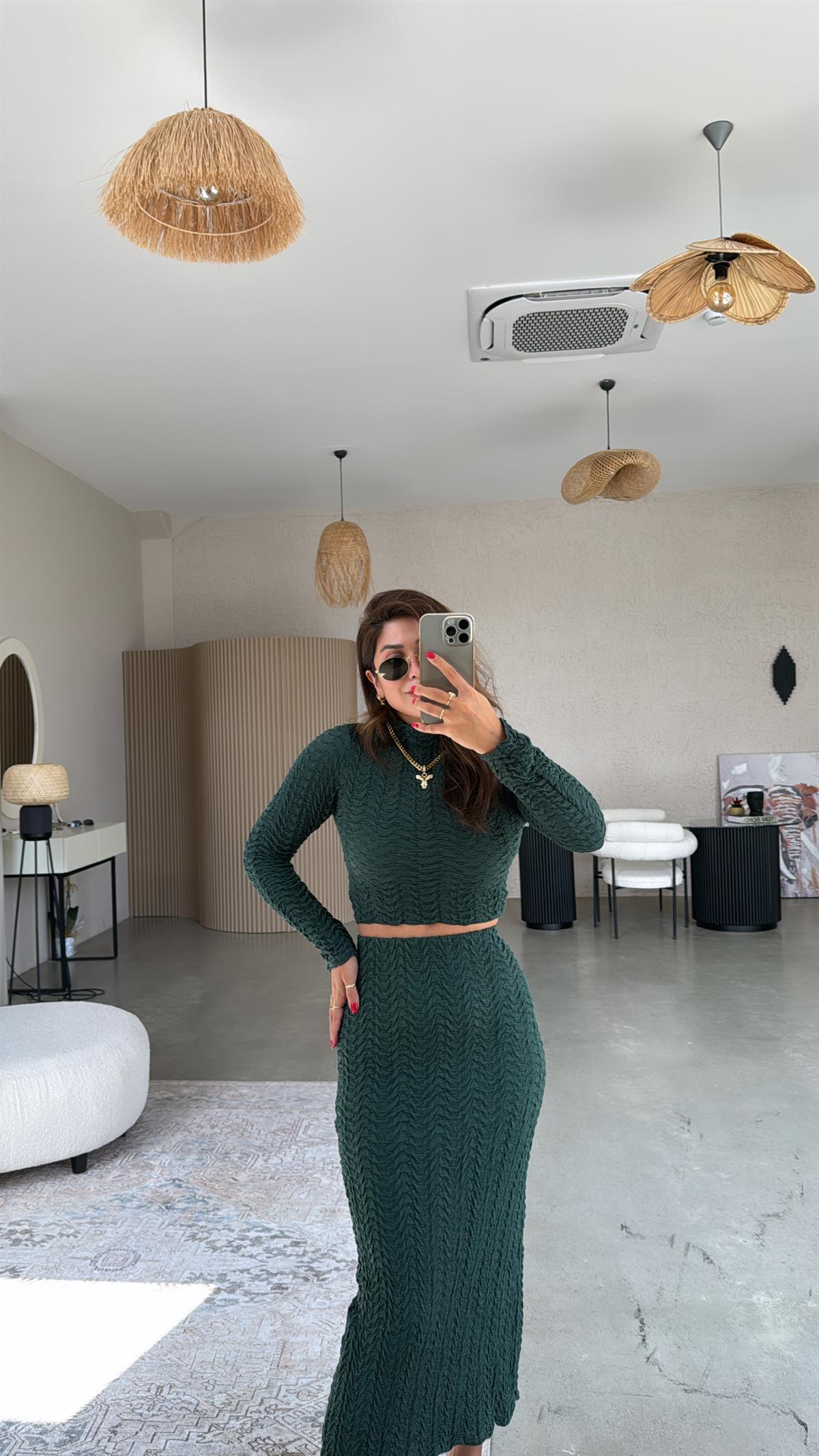 Zümrüt Yeşili Orijinal Etek Crop Takım