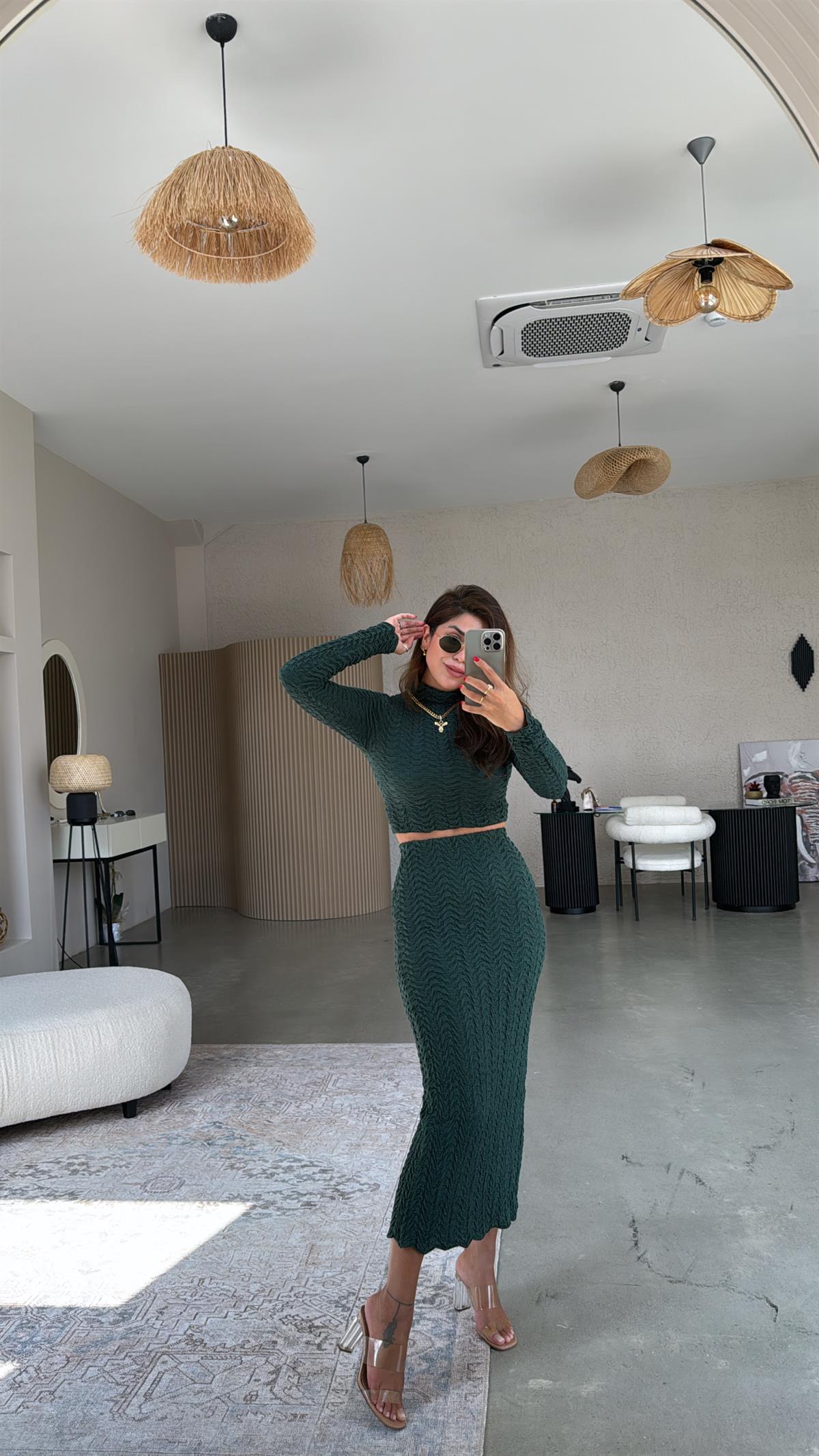 Zümrüt Yeşili Orijinal Etek Crop Takım