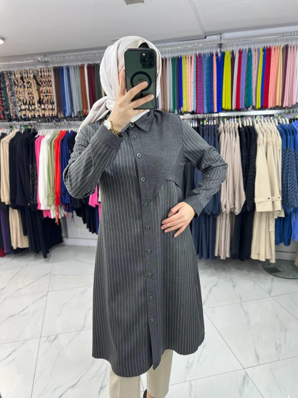 2924 Qetenn Çizgili Tunik GRİ