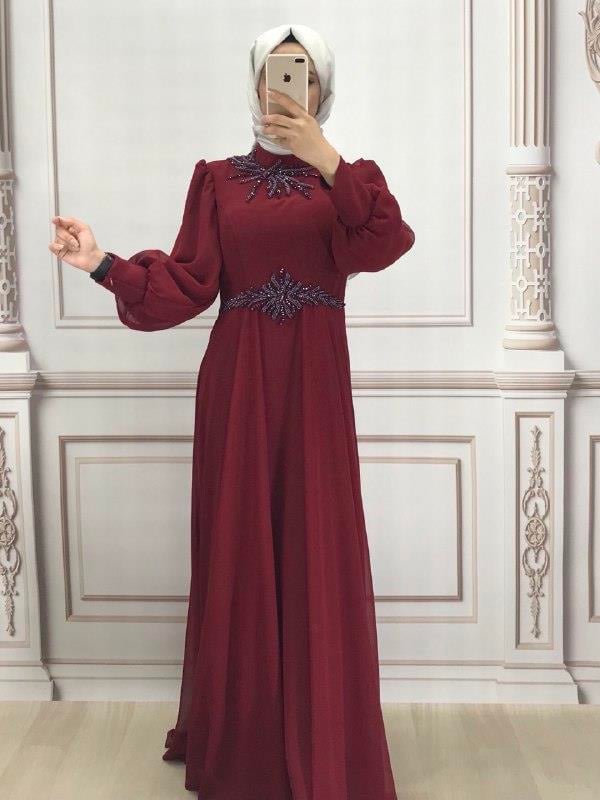 4121 Mısra Elbise Bordo