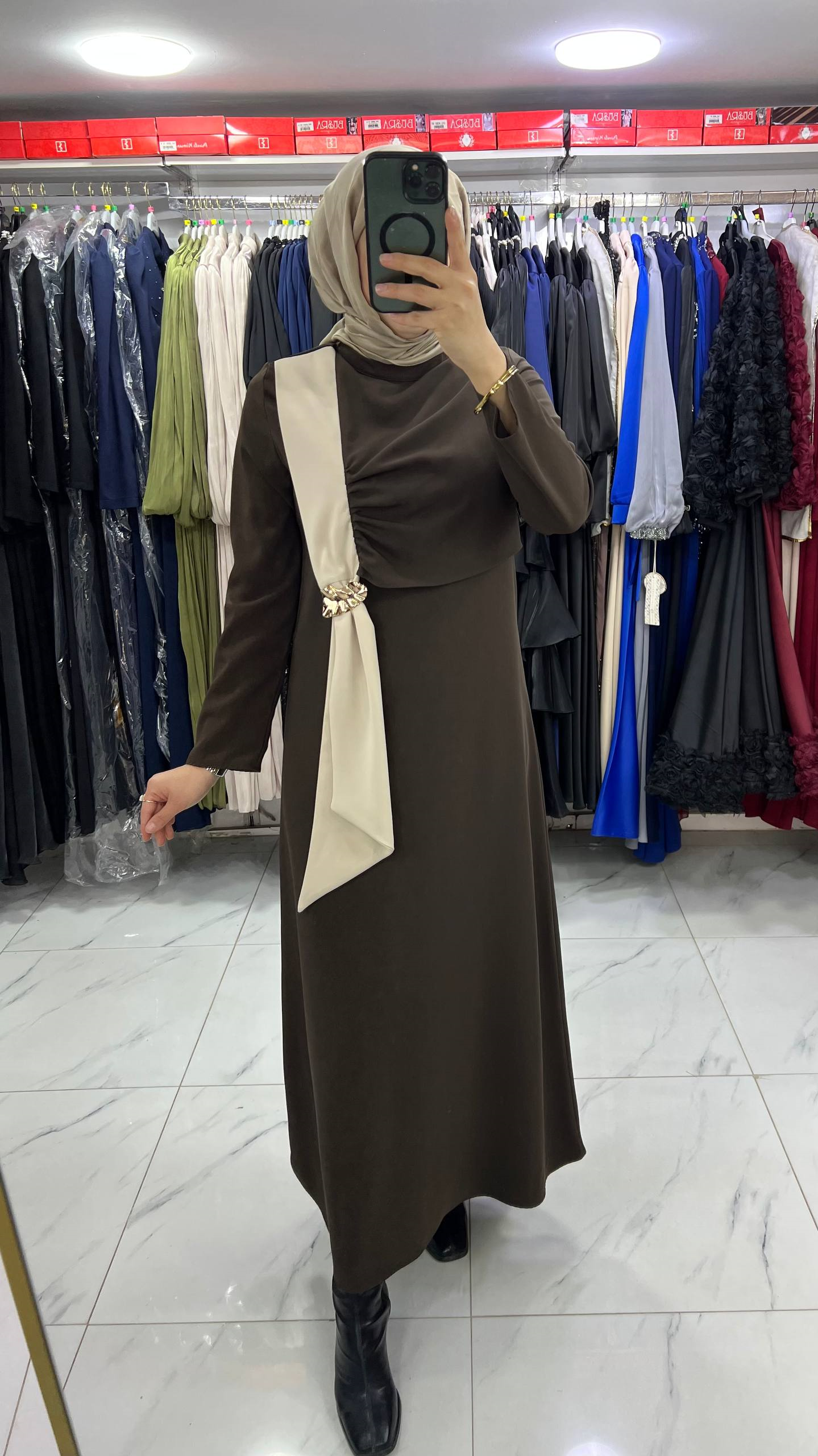 5219 Nihle Krep Elbise KAHVE