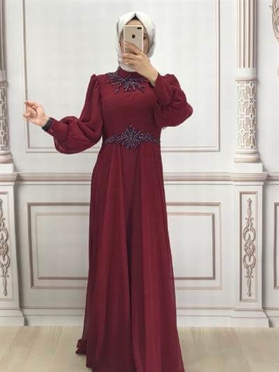 4121 Mısra Elbise Bordo