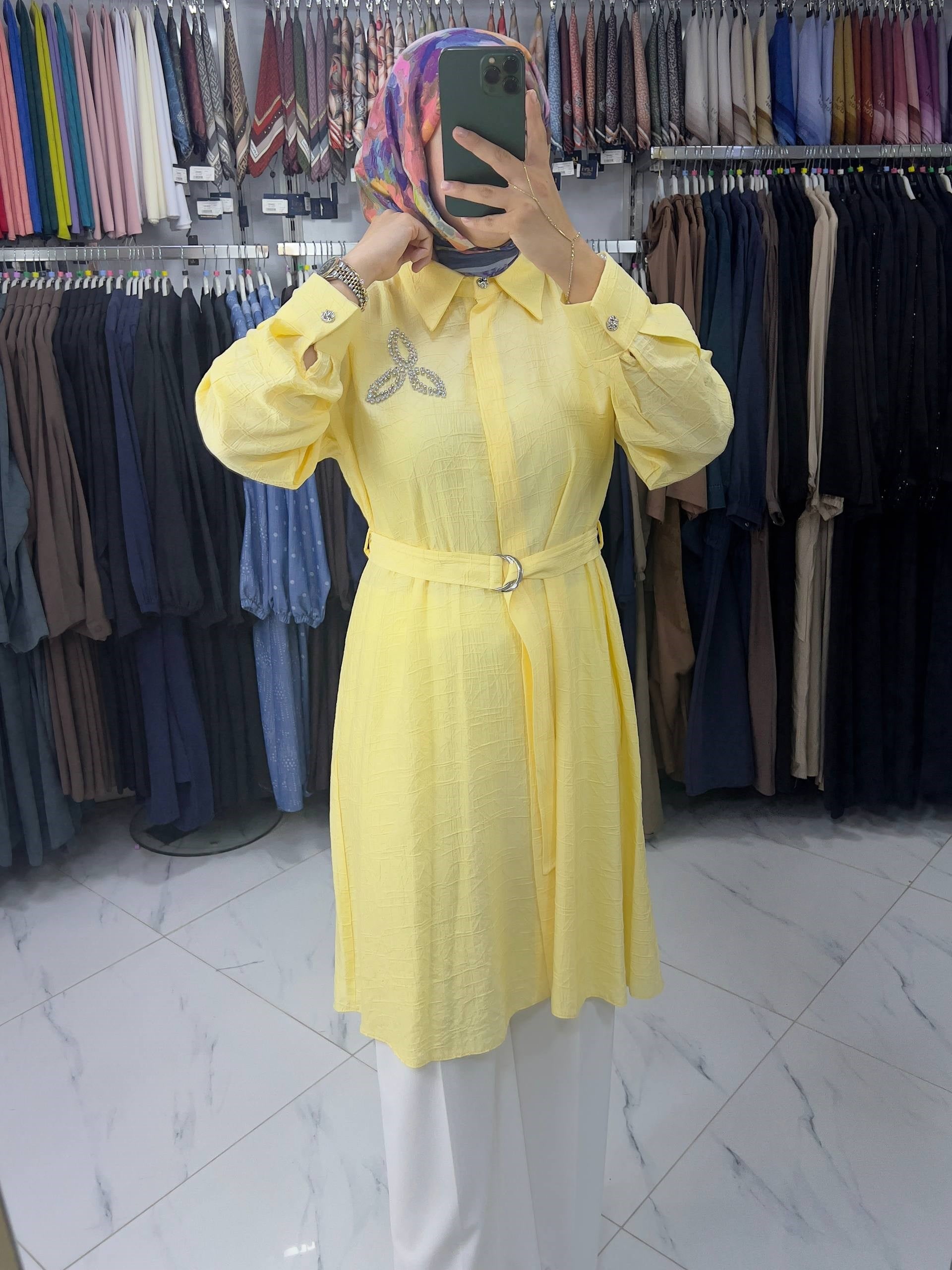 3586 Tripen Çilek Jakar Tunik SARI