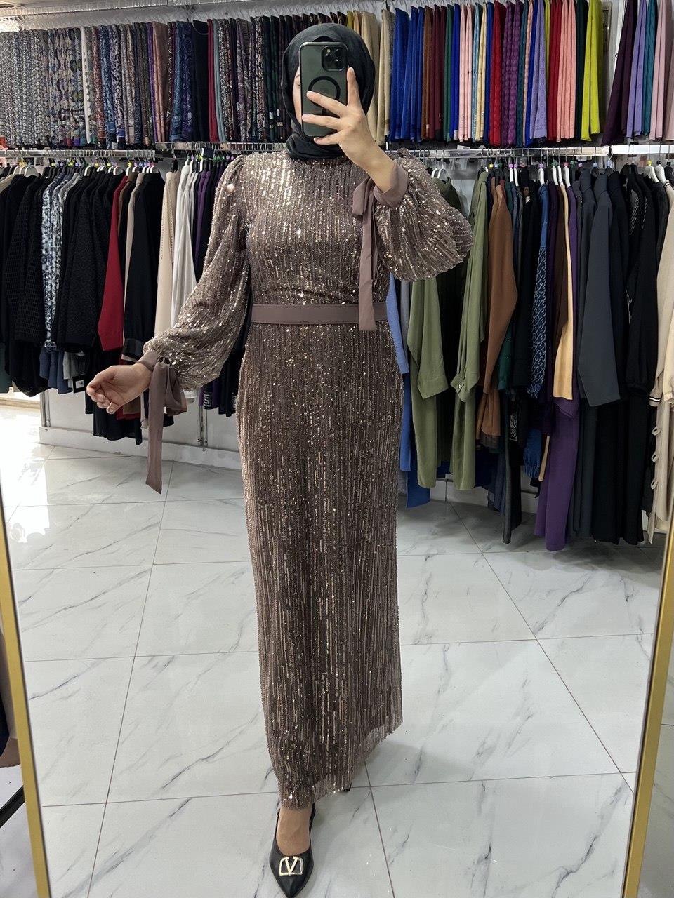 4677 Tane Şerit Payet  Abiye Elbise GOLD