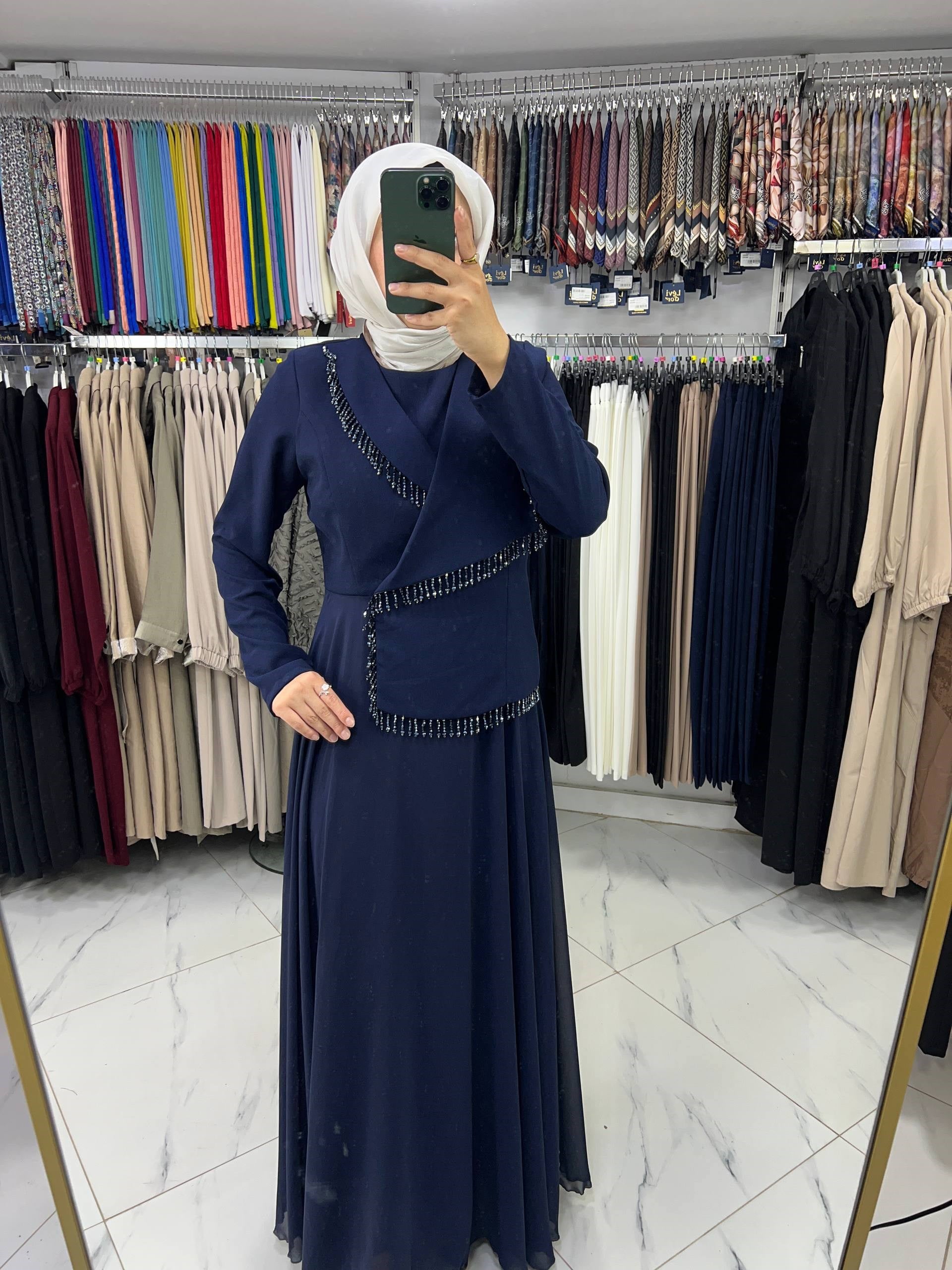 4889 Tane Krep Elbise LACİVERT