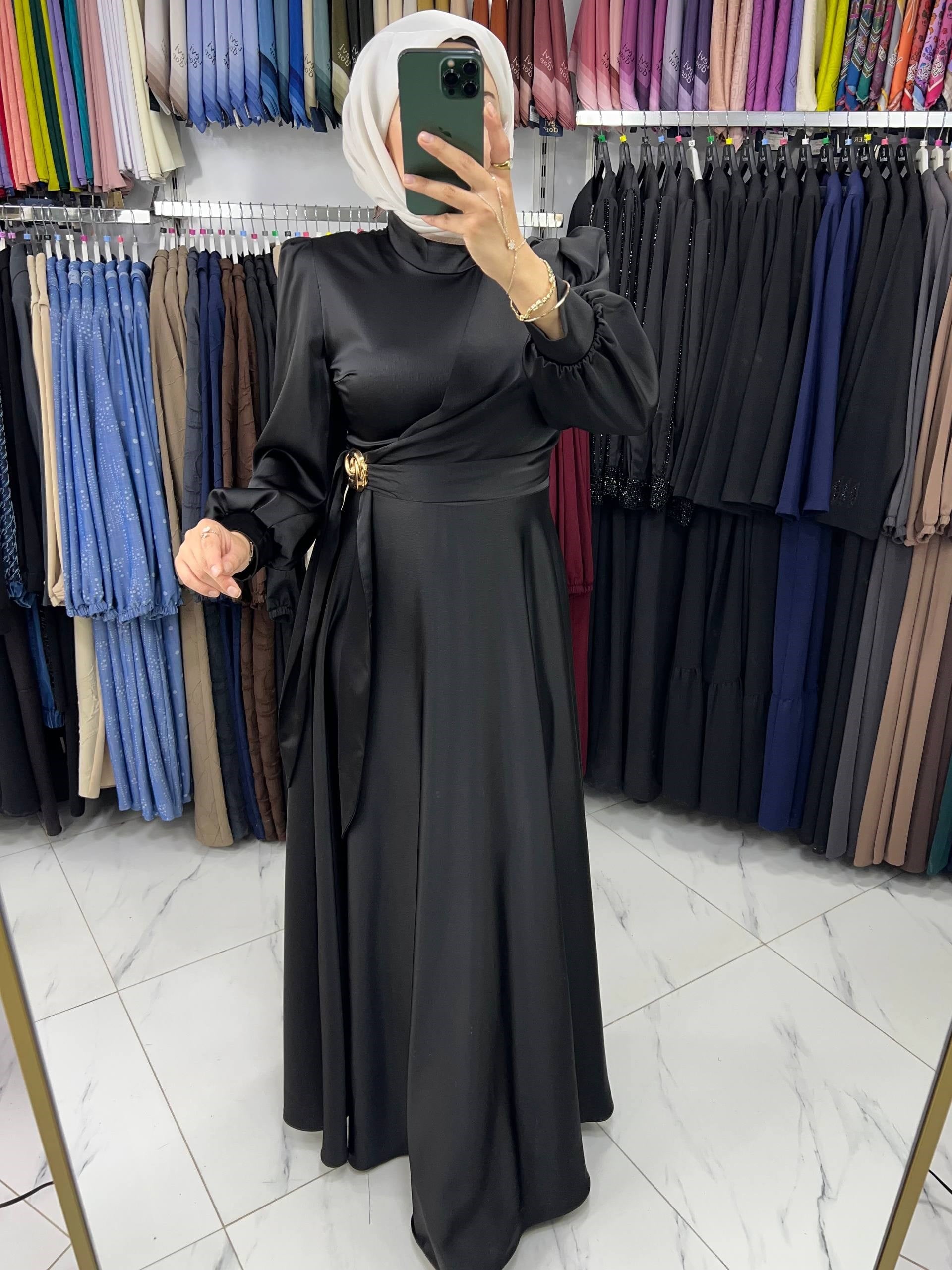 4896 Tane Saten Tokalı  Abiye Elbise SİYAH